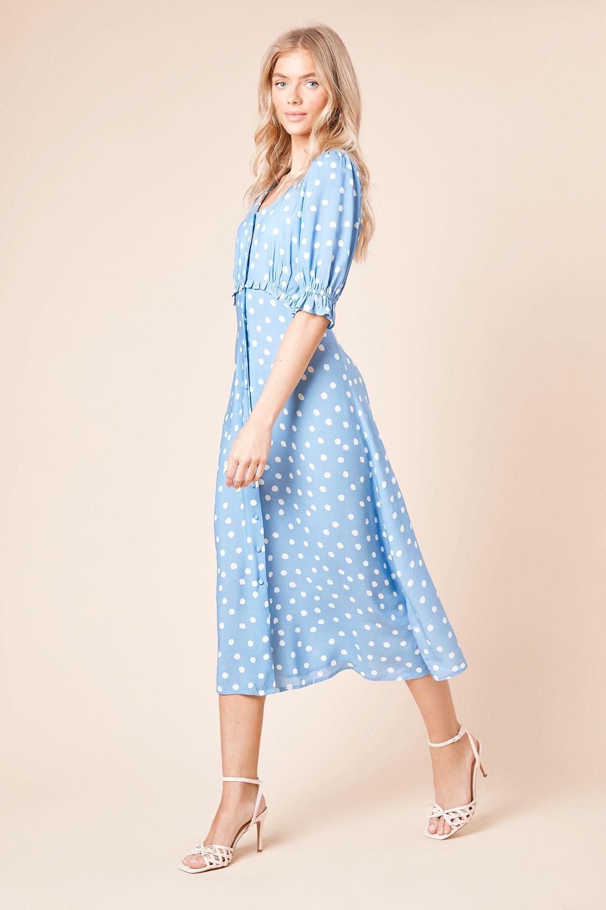 Blue Spot Button Front Puff Sleeve Midi Dress by DOROTHY PERKINS