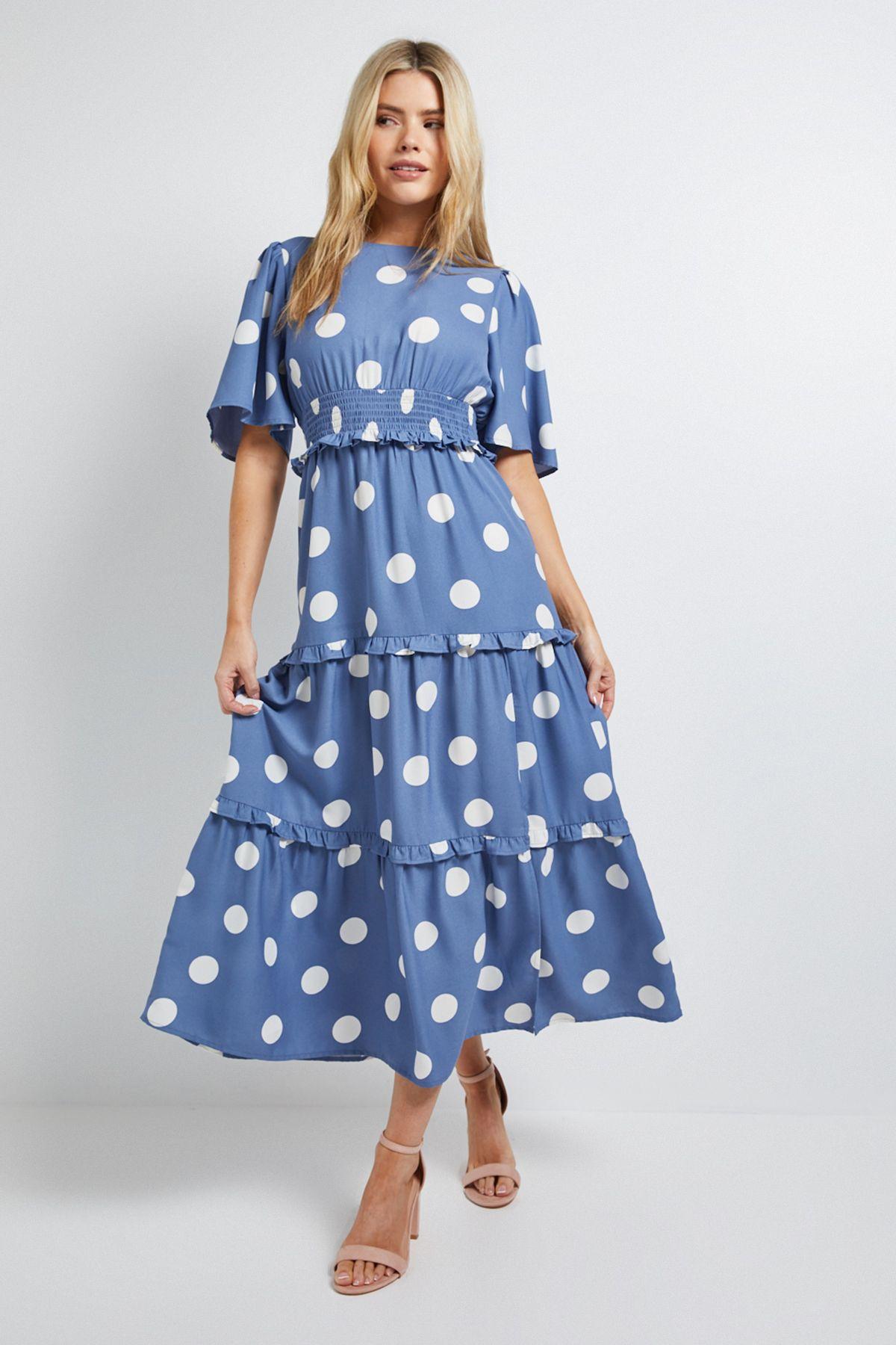 Blue Spot Shirred Waist Angel Sleeve Tiered Maxi Dress by DOROTHY PERKINS