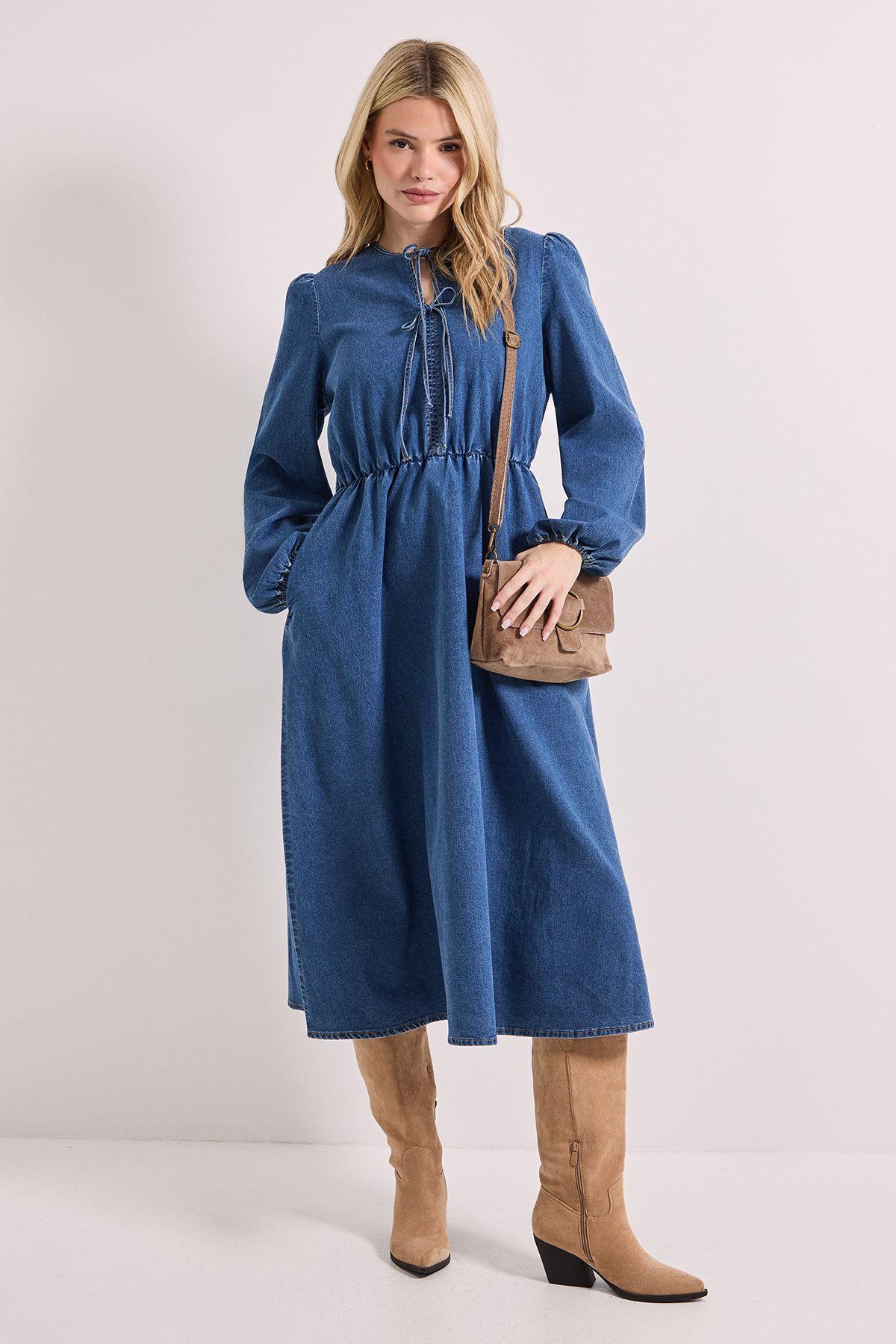 Bow Front Blouson Sleeve Denim Midi Dress by DOROTHY PERKINS