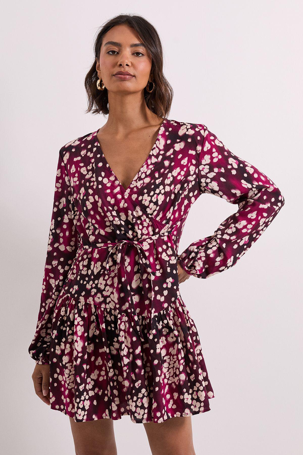 Burgundy Animal Dropped Seam Detail Wrap Front Mini Dress by DOROTHY PERKINS