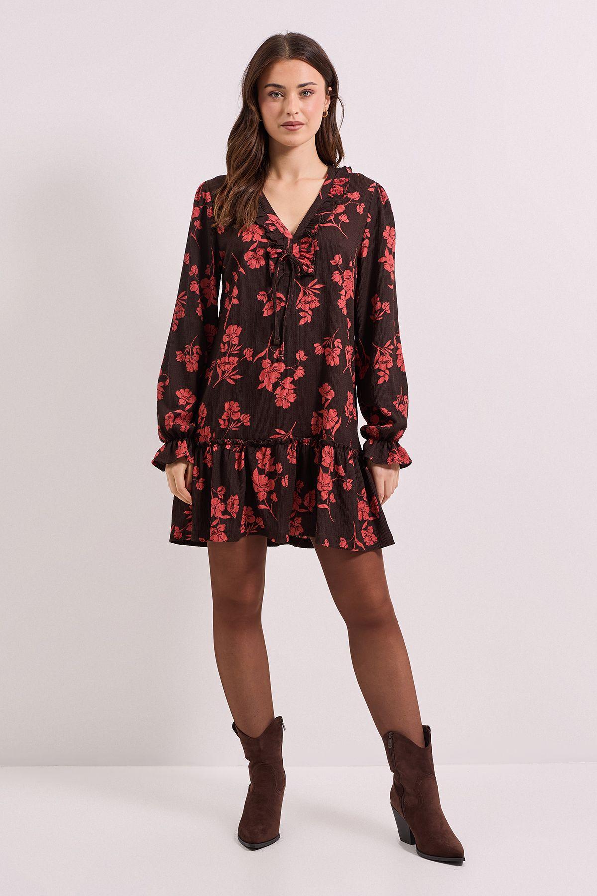 Burgundy Floral Tie Detail Frill Neck Blouson Sleeve Tiered Mini Dress by DOROTHY PERKINS