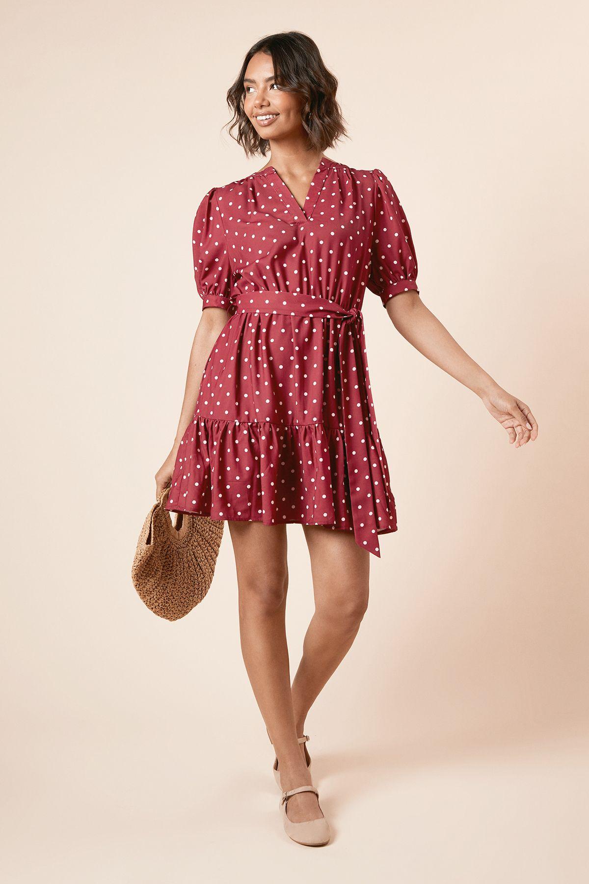 Burgundy Spot Printed Overhead Belted Puff Sleeve Mini Dress by DOROTHY PERKINS