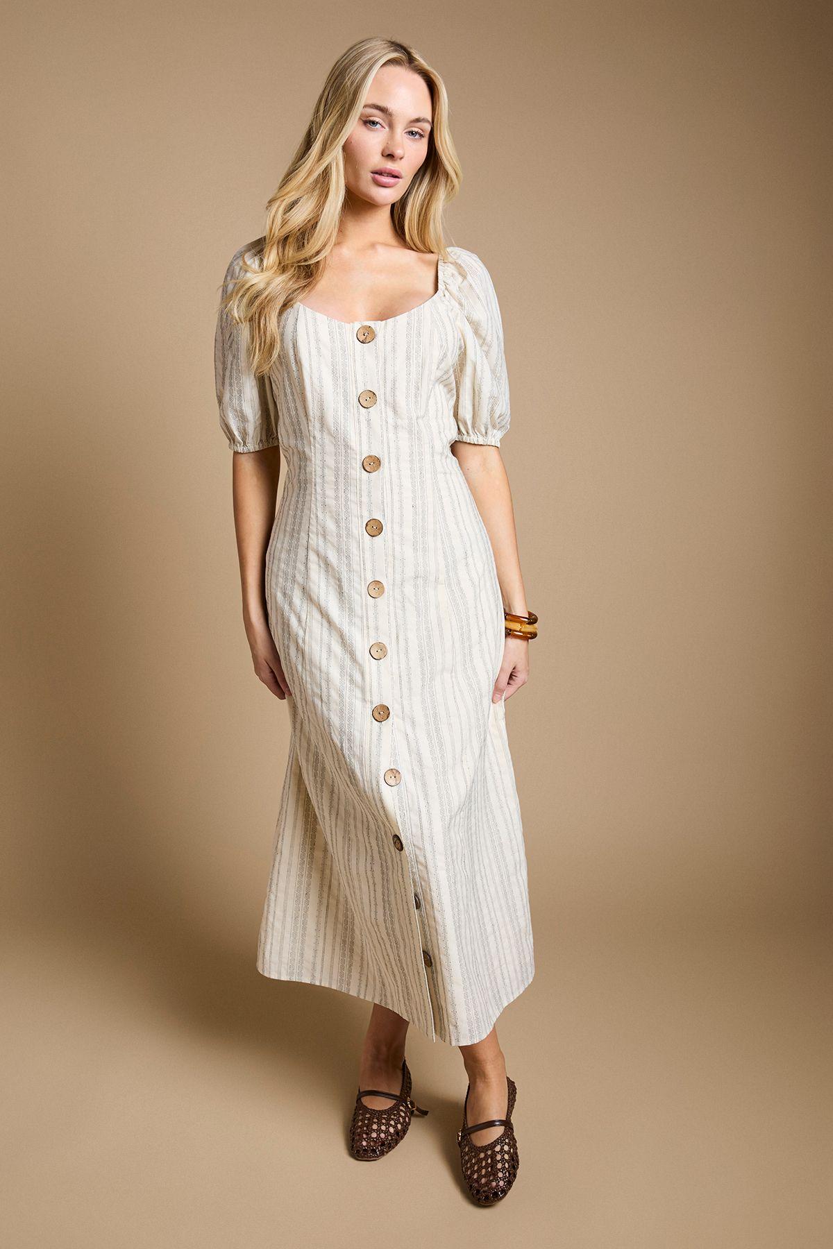 Button Through Stripe Midi Dress by DOROTHY PERKINS
