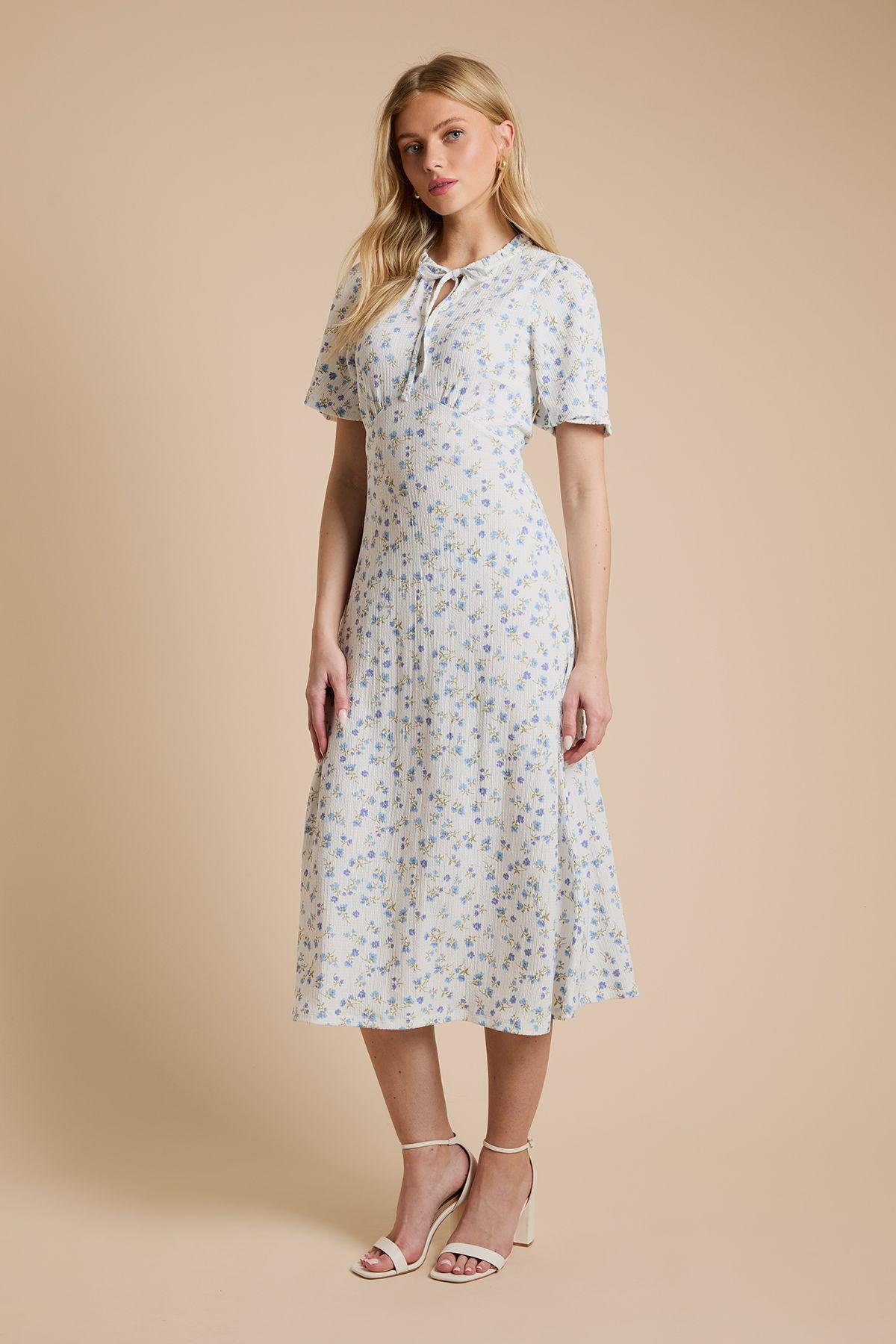Cream Ditsy Tie Front Flutter Sleeve Printed Jersey Midi Dress by DOROTHY PERKINS