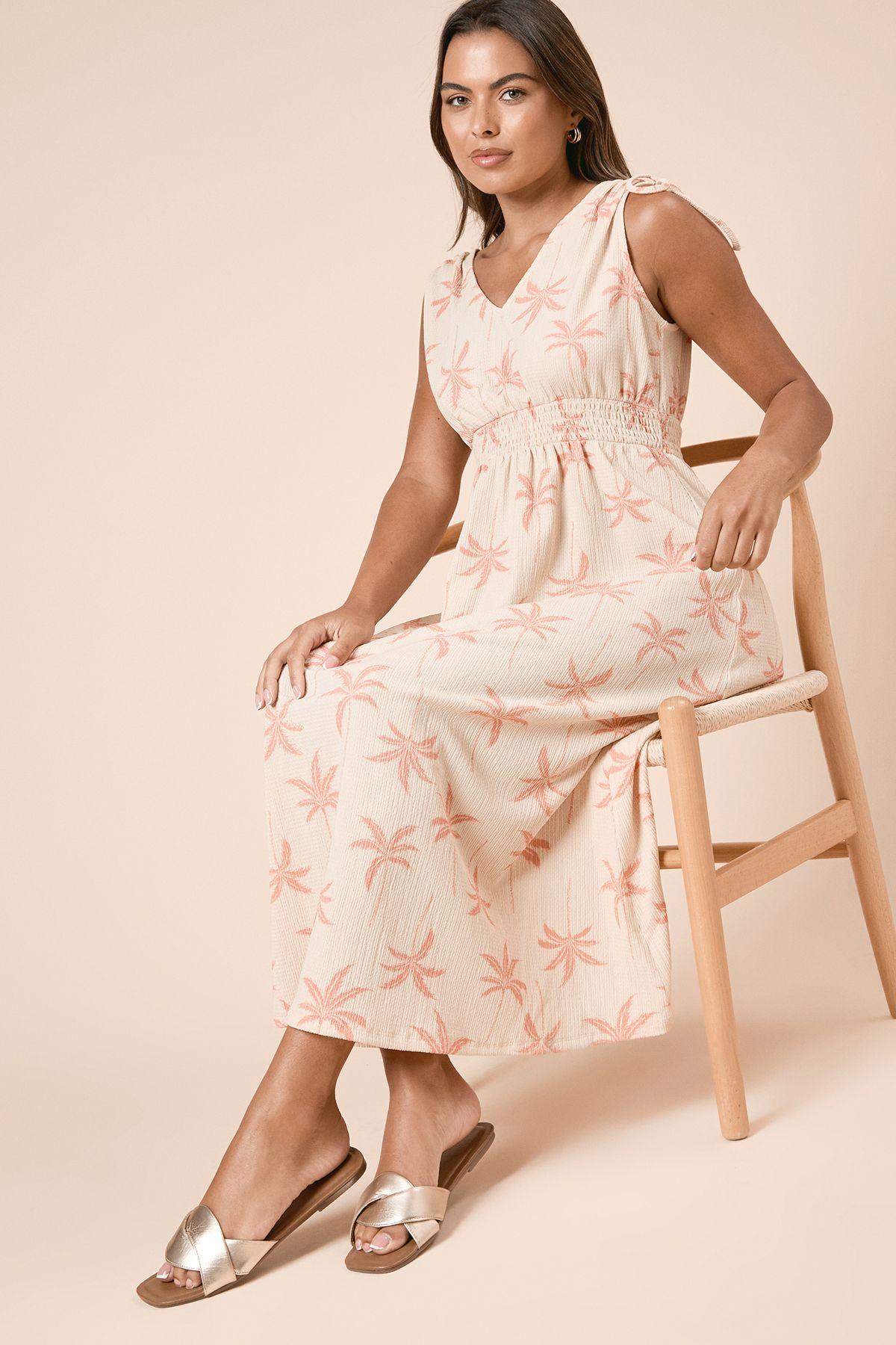 Cream Palm Tie Shoulder Shirred Waist Jersey Midi Dress by DOROTHY PERKINS