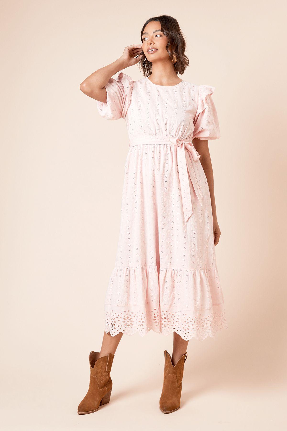 Cutwork Ruffle Sleeve Puff Sleeve Midi Dress by DOROTHY PERKINS
