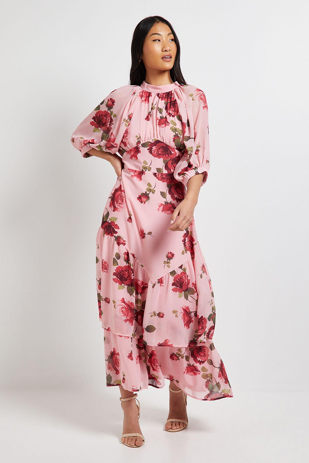 DP Luxe Petite Printed Floral Chiffon Empire Waist Tiered Frill Maxi Dress by DOROTHY PERKINS