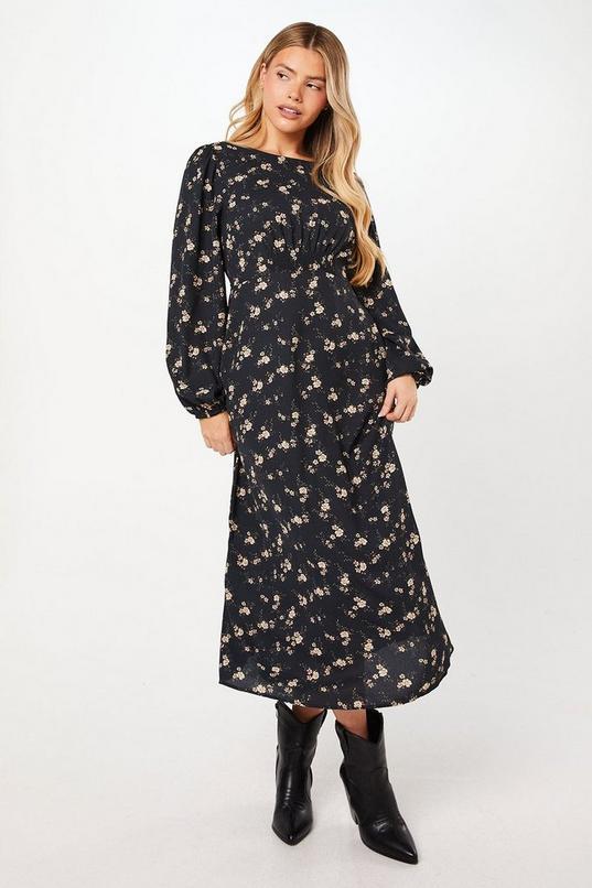 Ditsy Floral Shirred Waist Long Sleeve Midi Dress by DOROTHY PERKINS