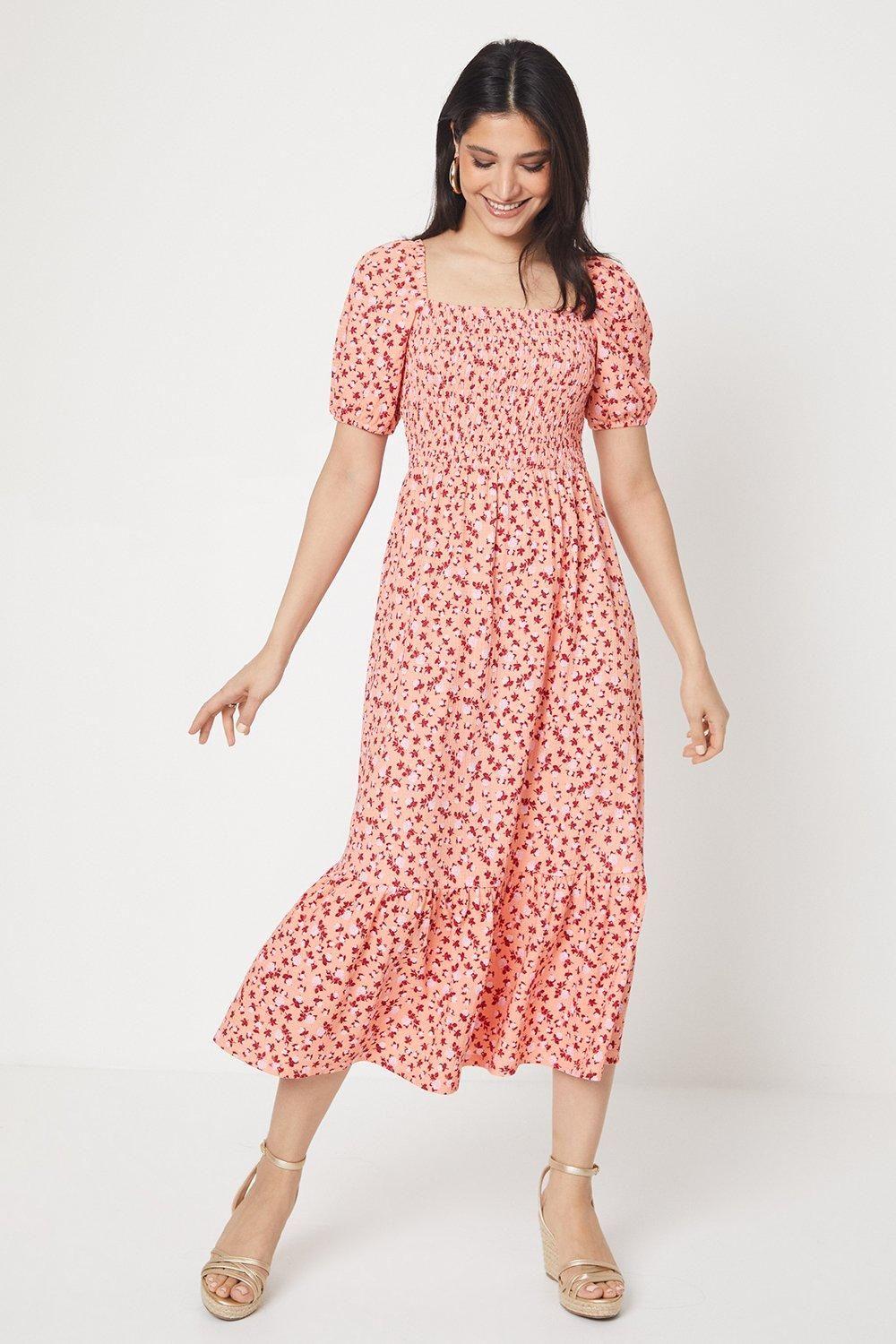 Ditsy Shirred Bodice Tiered Hem Jersey Midi Dress by DOROTHY PERKINS