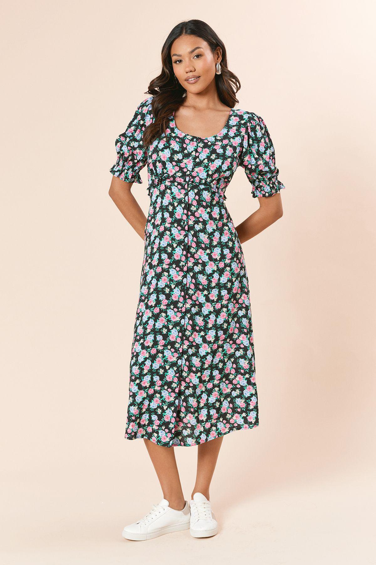 Floral Button Front Puff Sleeve Midi Dress by DOROTHY PERKINS