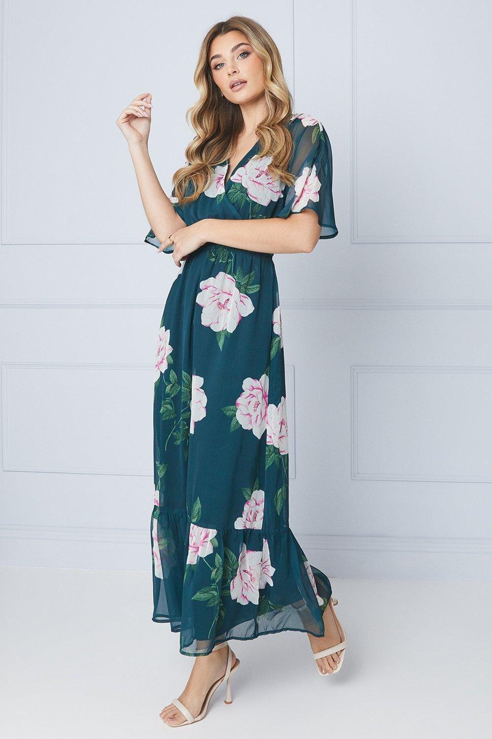 Floral Chiffon Shirred Waist Frill Hem Midi Dress by DOROTHY PERKINS