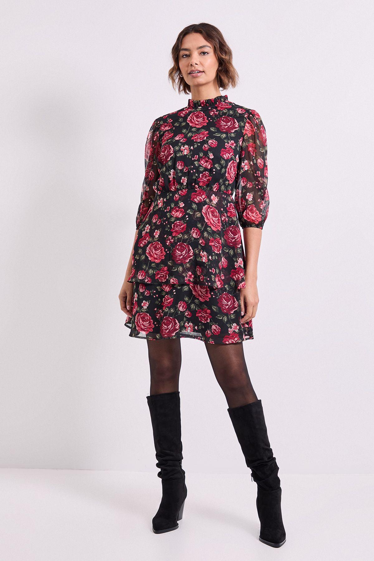 Floral Frill Neck Tiered Skirt Printed Mini Dress by DOROTHY PERKINS