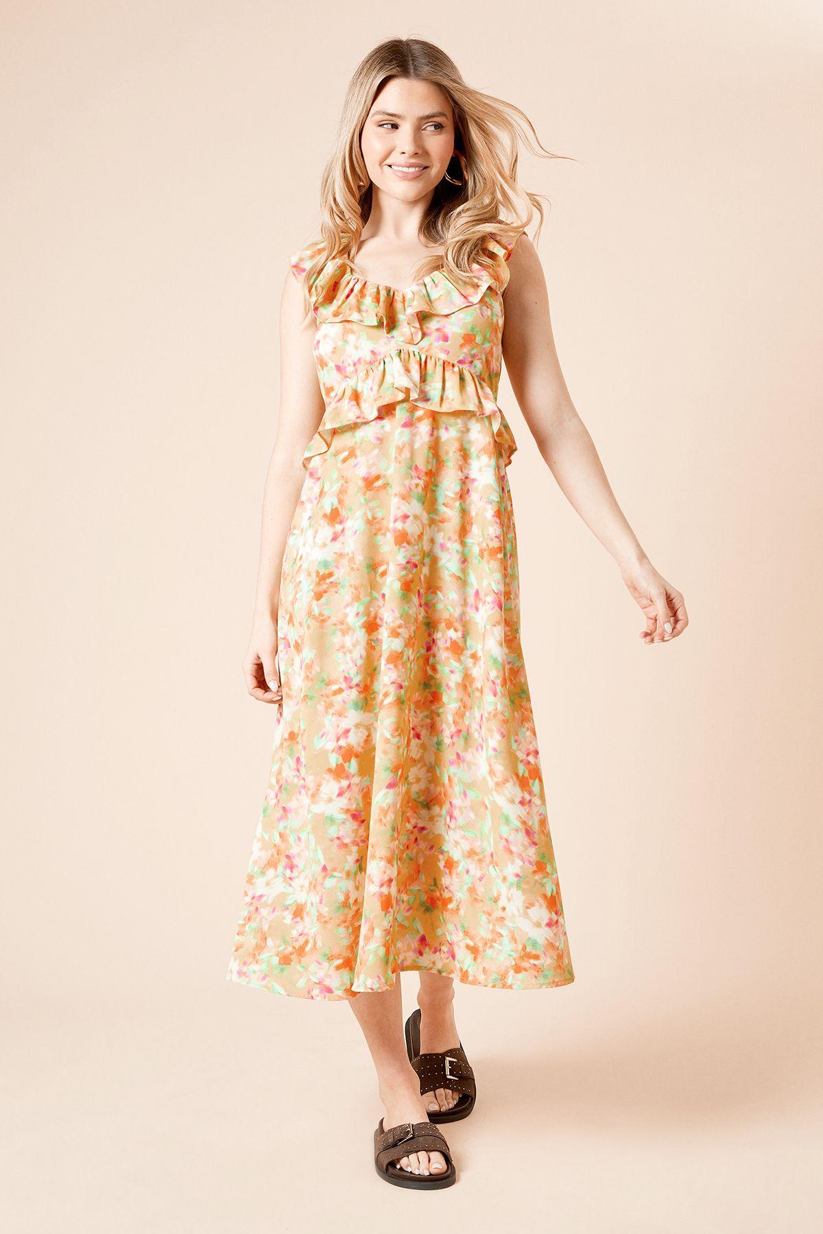 Floral Frill Neckline Tie Back Midi Dress by DOROTHY PERKINS