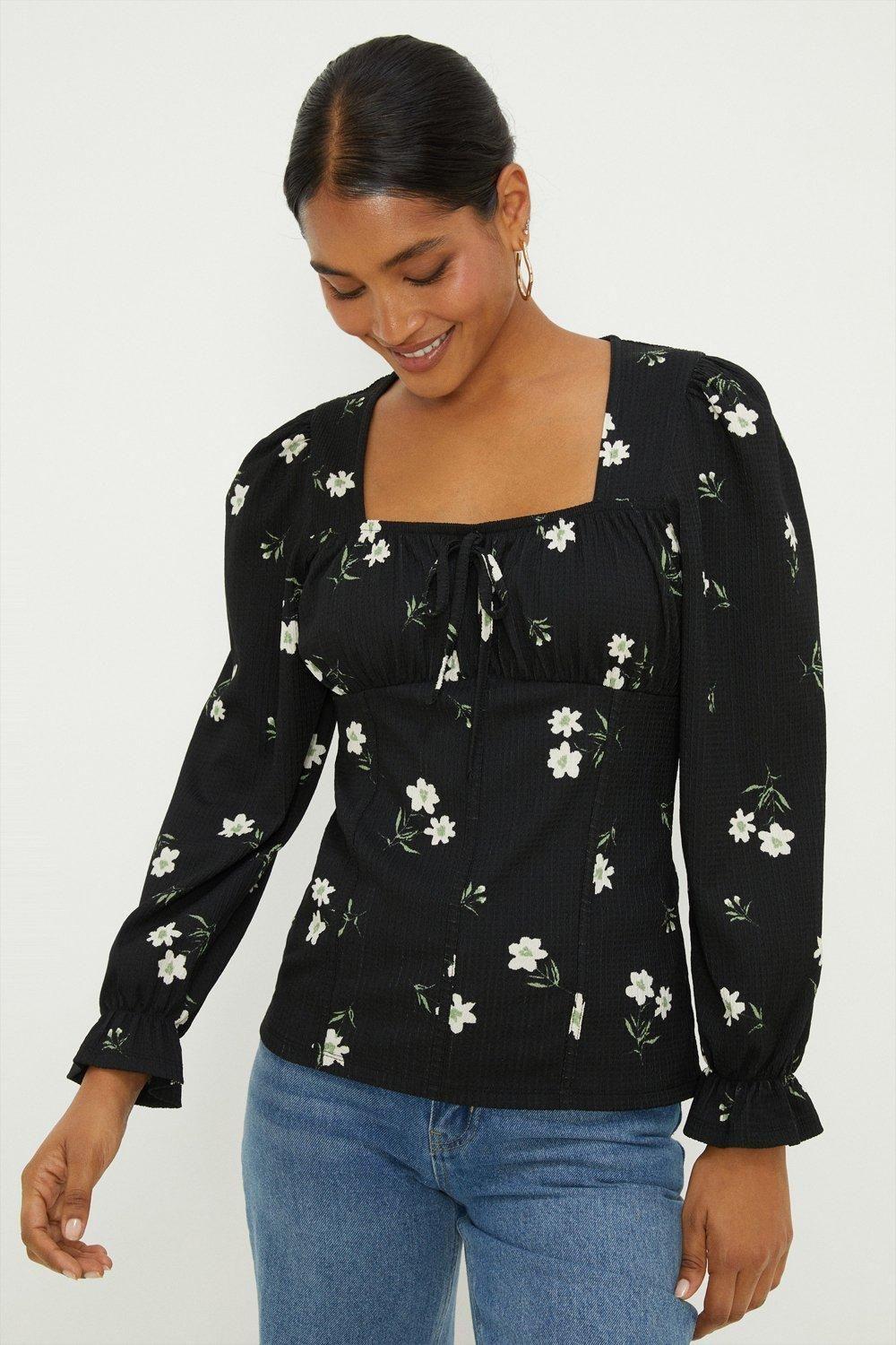 Floral Shirred Cuff Textured Long Sleeve Top by DOROTHY PERKINS