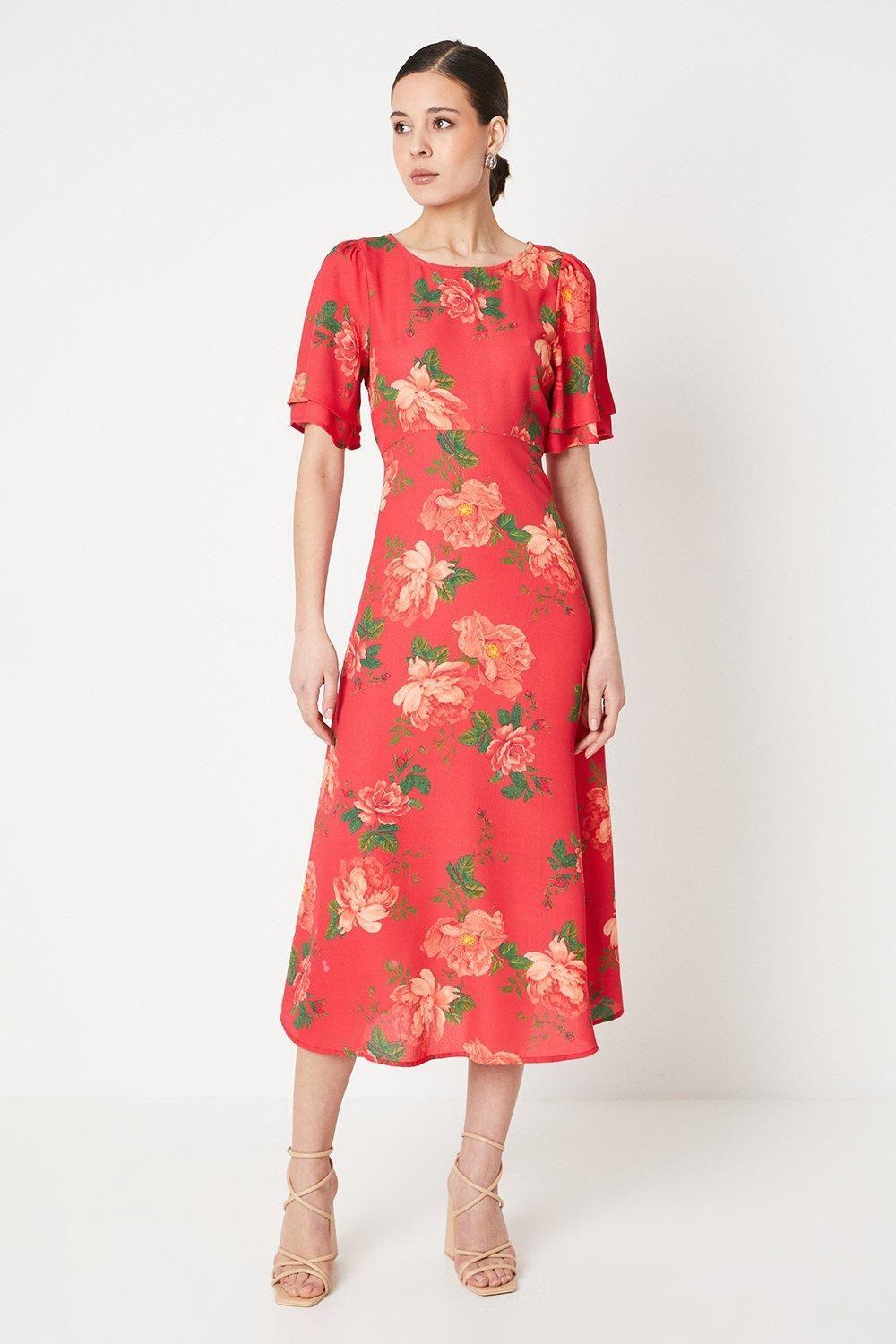 Floral Tie Back Flutter Sleeve Midi Dress by DOROTHY PERKINS