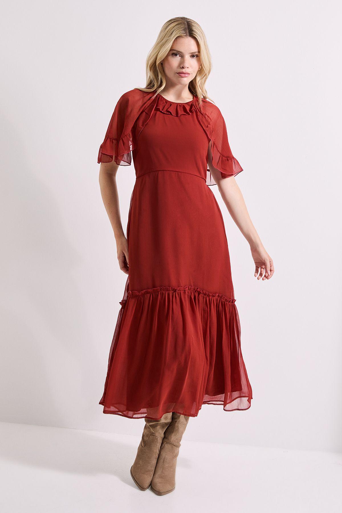 Frill Cape Sleeve Tiered Chiffon Midi Dress by DOROTHY PERKINS