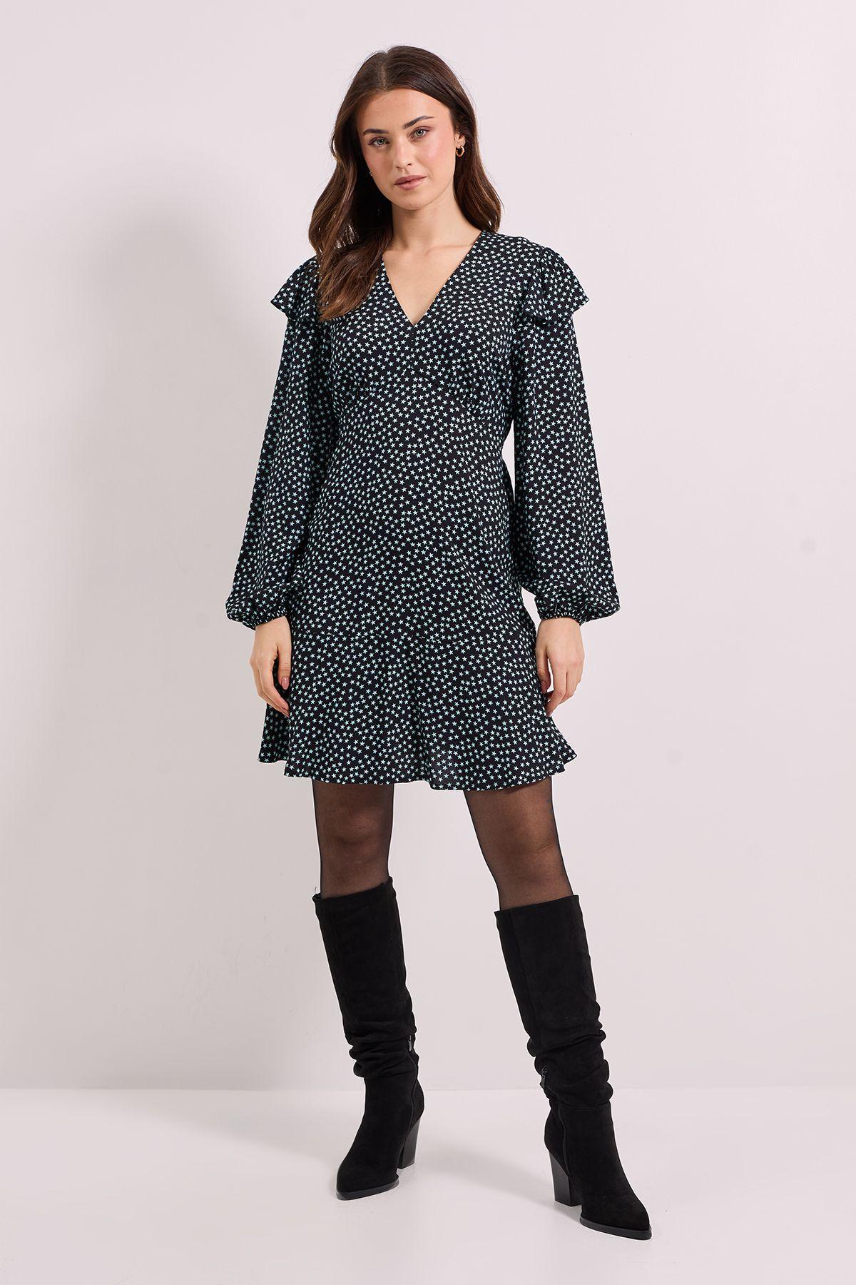 Frill Detail Blouson Sleeve Tie Back Tiered Printed Mini Dress by DOROTHY PERKINS