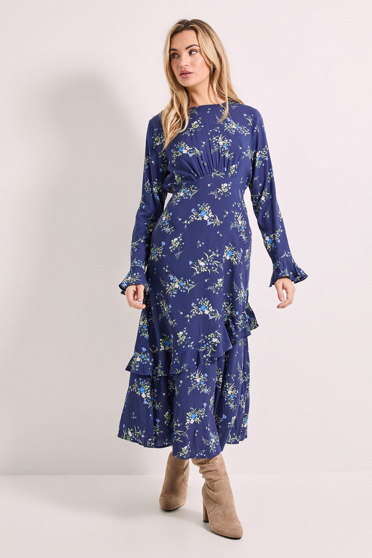 Frill Sleeve Ruffle Detail Printed Midi Dress by DOROTHY PERKINS