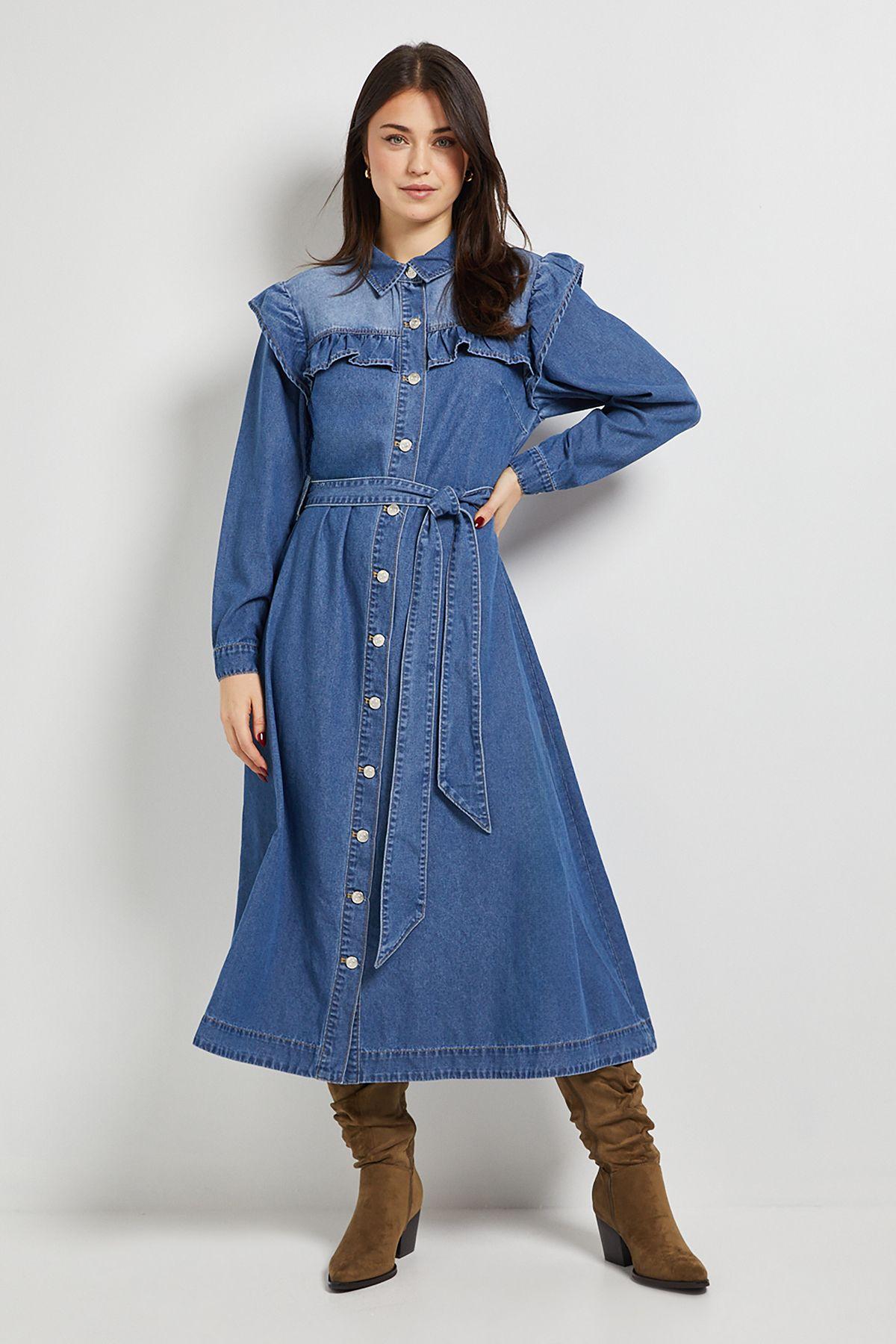 Frill Yoke Denim Dress by DOROTHY PERKINS