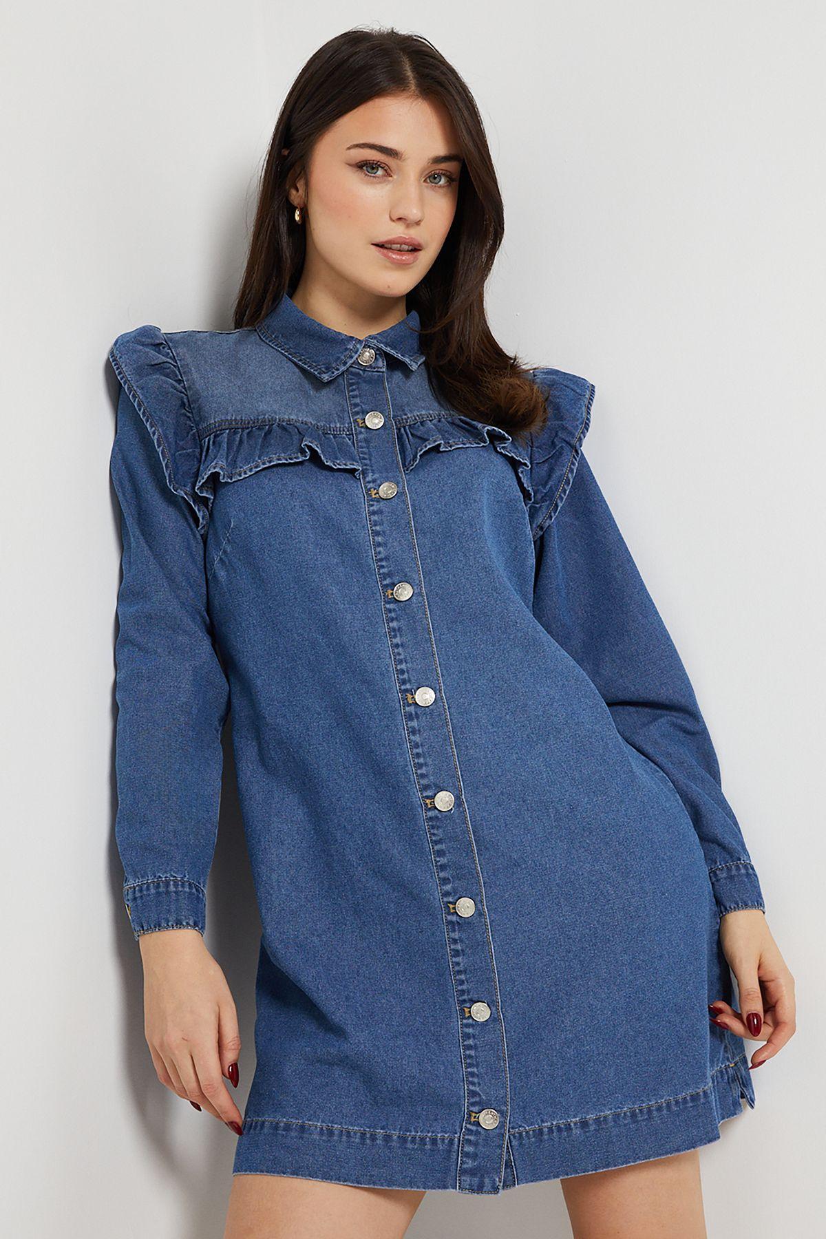 Frill Yoke Denim Mini Dress by DOROTHY PERKINS