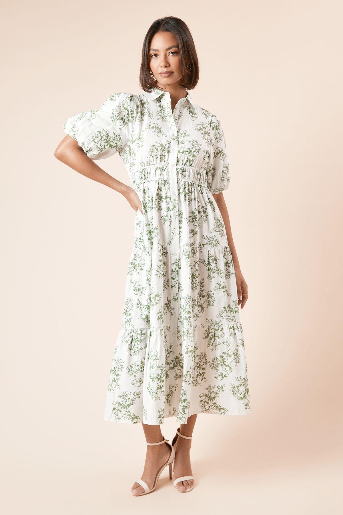 Green Floral Poplin Tiered Button Front Shirt Dress by DOROTHY PERKINS