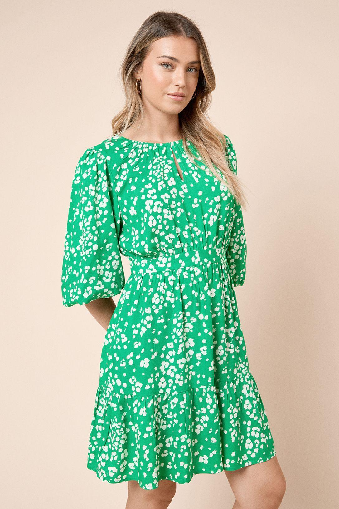 Green Keyhole Puff Sleeve Tiered Mini Dress by DOROTHY PERKINS