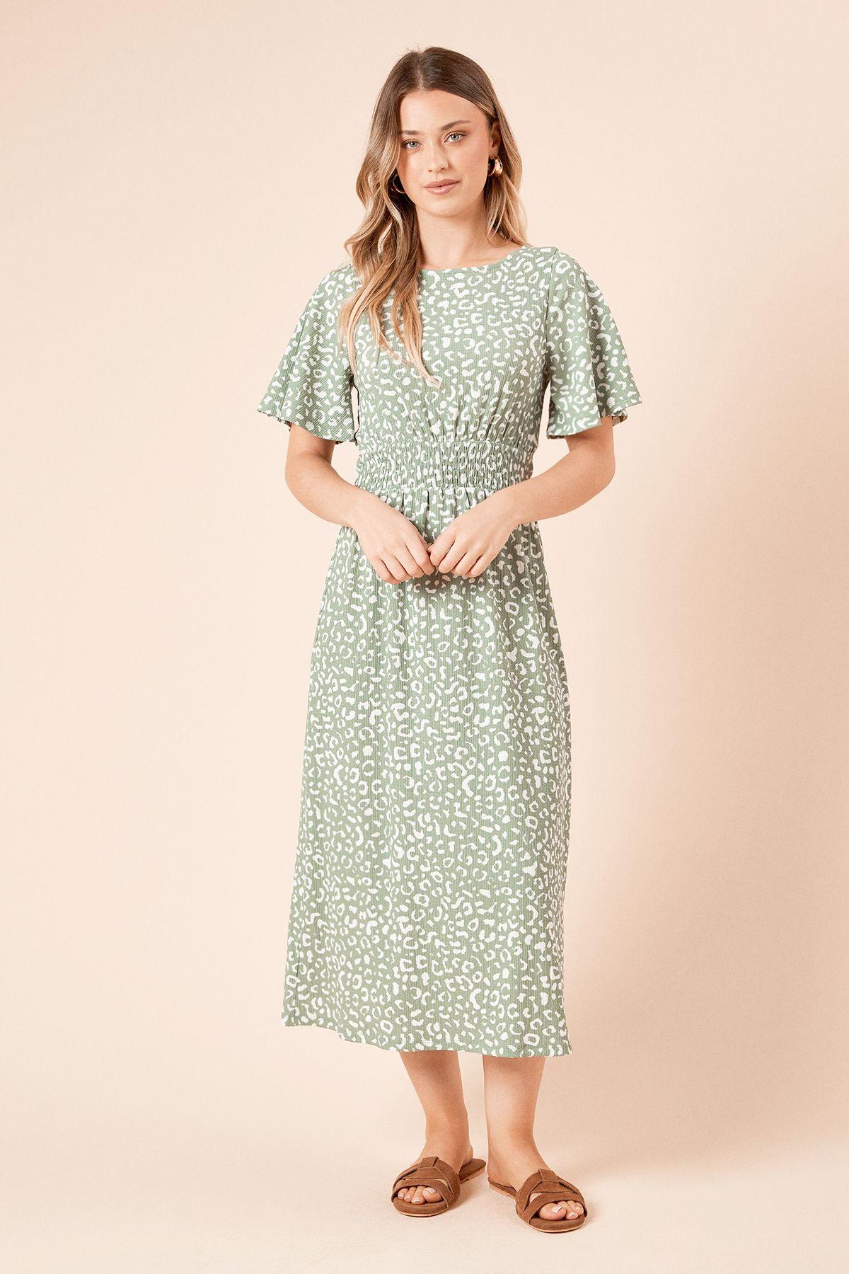 Green Leopard Shirred Waist Short Sleeve Jersey Midi Dress by DOROTHY PERKINS