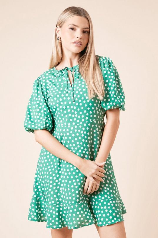 Green Spot Tie Front Puff Sleeve Mini Dress by DOROTHY PERKINS