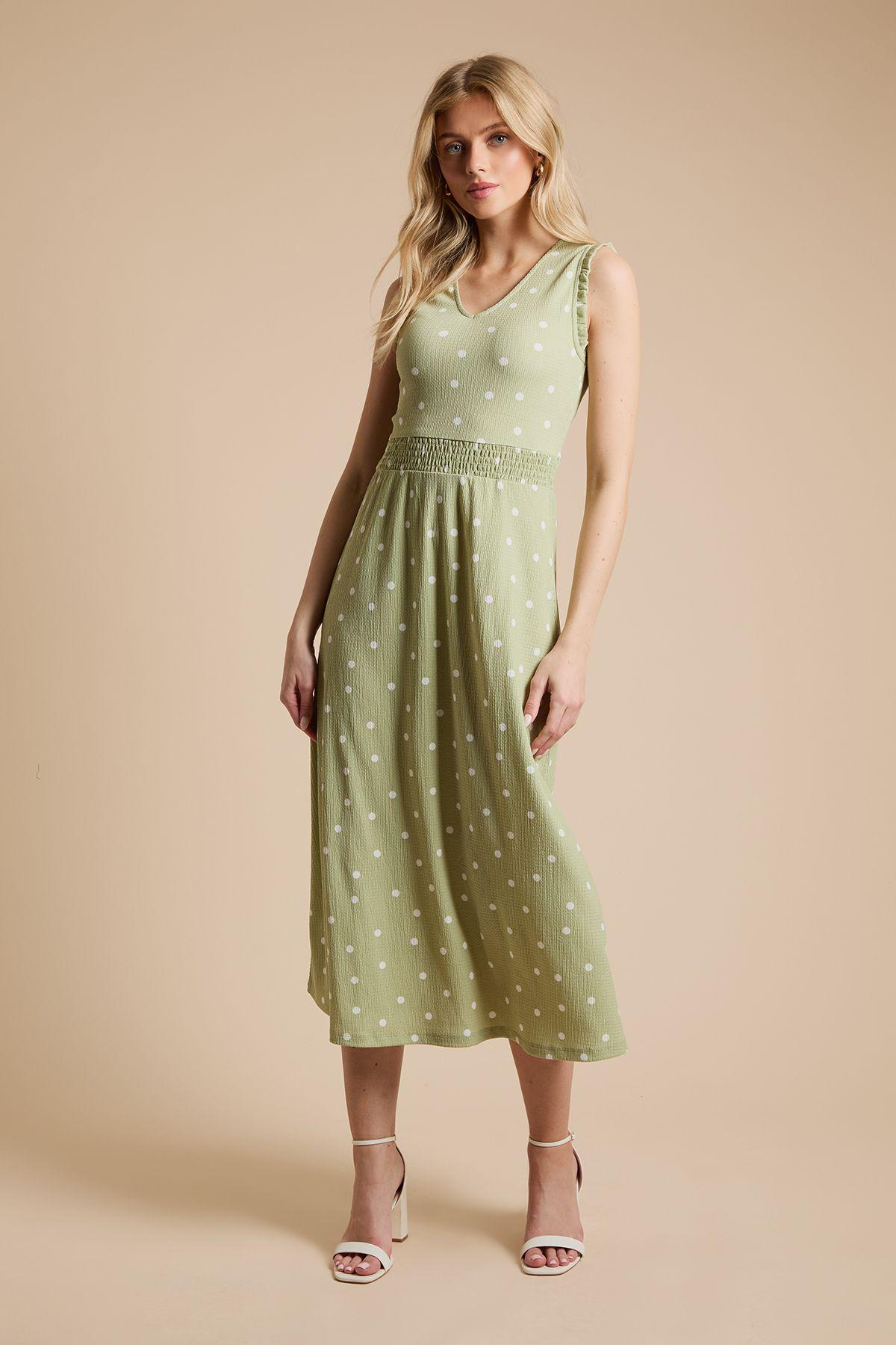 Green Spot V Neck Shirred Waist Printed Jersey Midi Dress by DOROTHY PERKINS