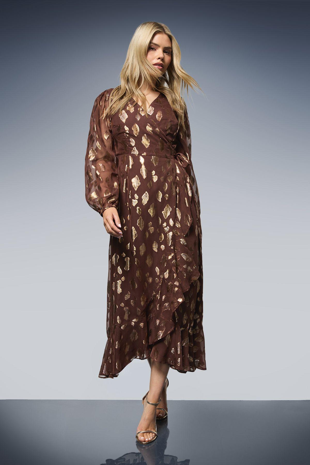 Jacquard Ruffle Wrap Long Sleeve Midi Dress by DOROTHY PERKINS