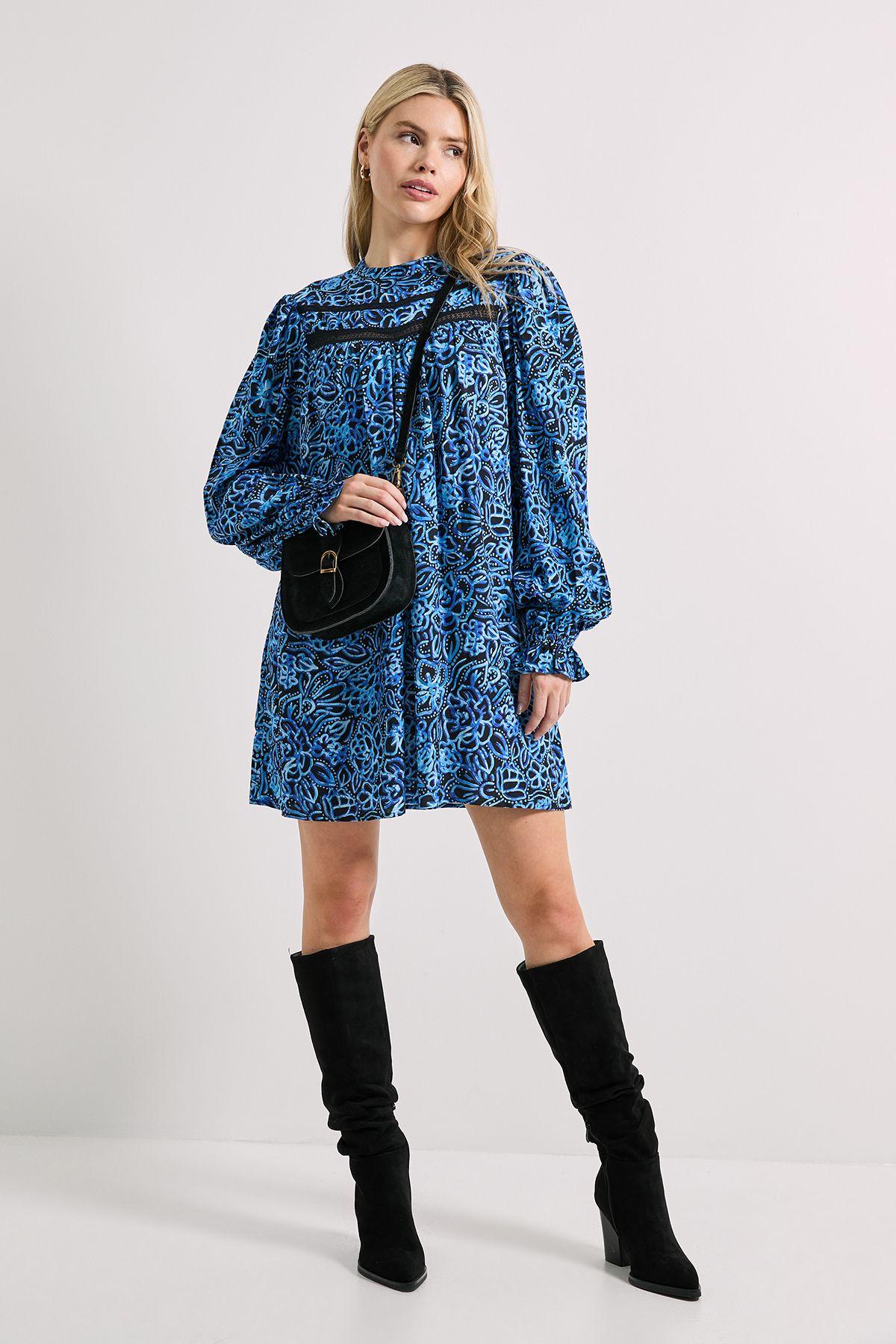 Lace Blue Floral Detail Printed Boho Mini Dress by DOROTHY PERKINS