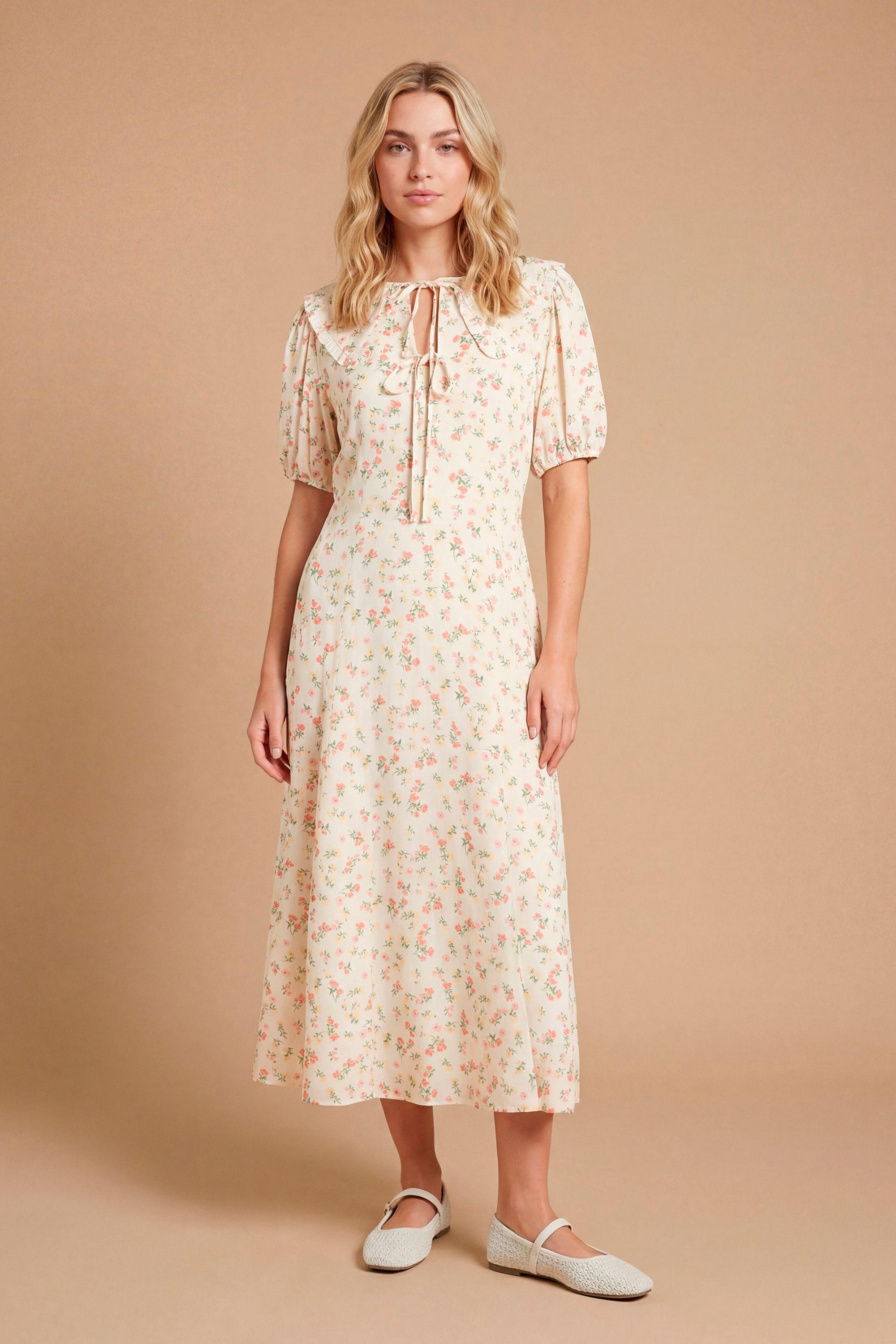 Lace Trim Collar Tie Detail Printed Midi Dresss by DOROTHY PERKINS