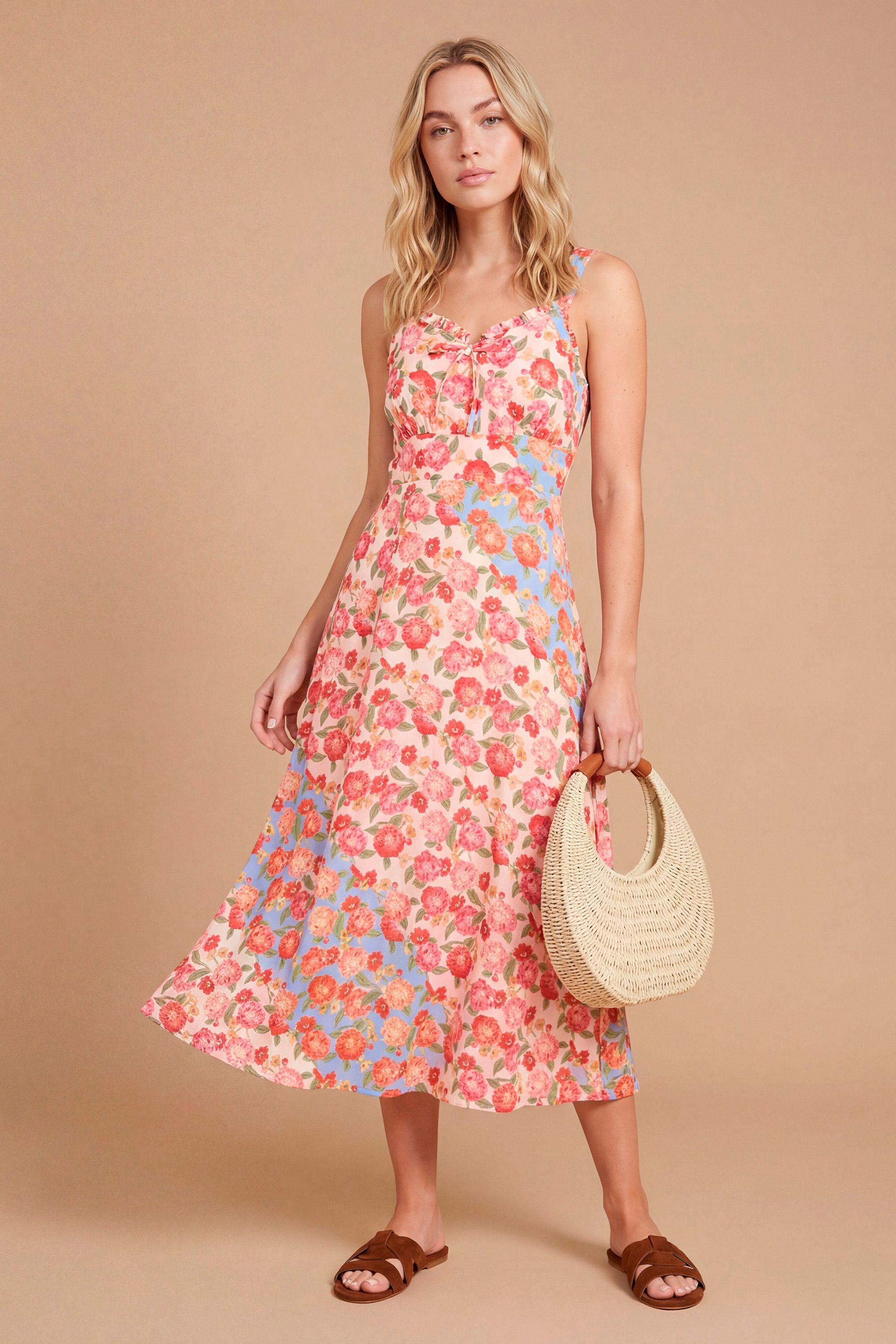 Lace Trim Tie Front Printed Midi Dresss by DOROTHY PERKINS