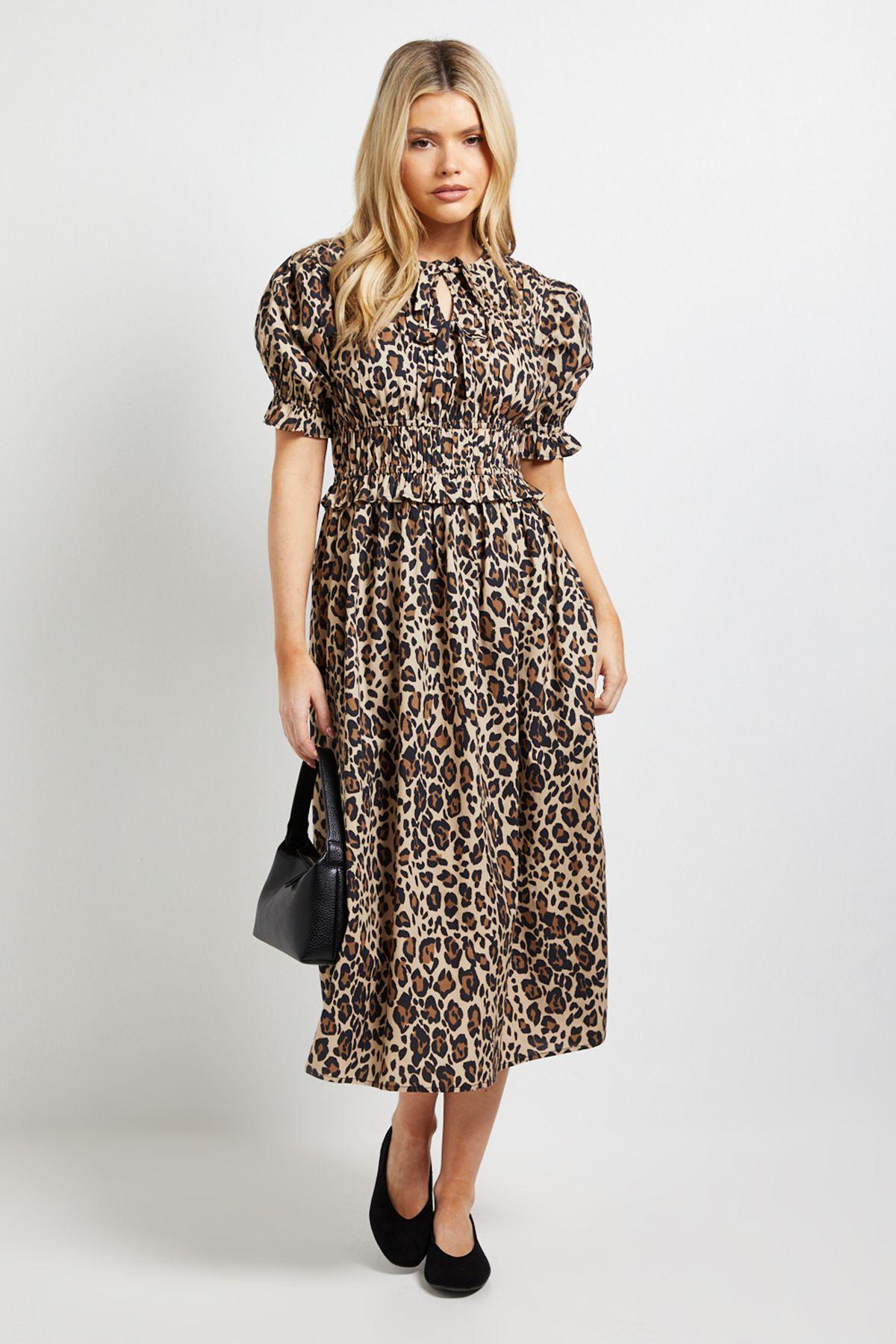 Leopard Tie Front Frill Sleeve Printed Poplin Midi Dress by DOROTHY PERKINS
