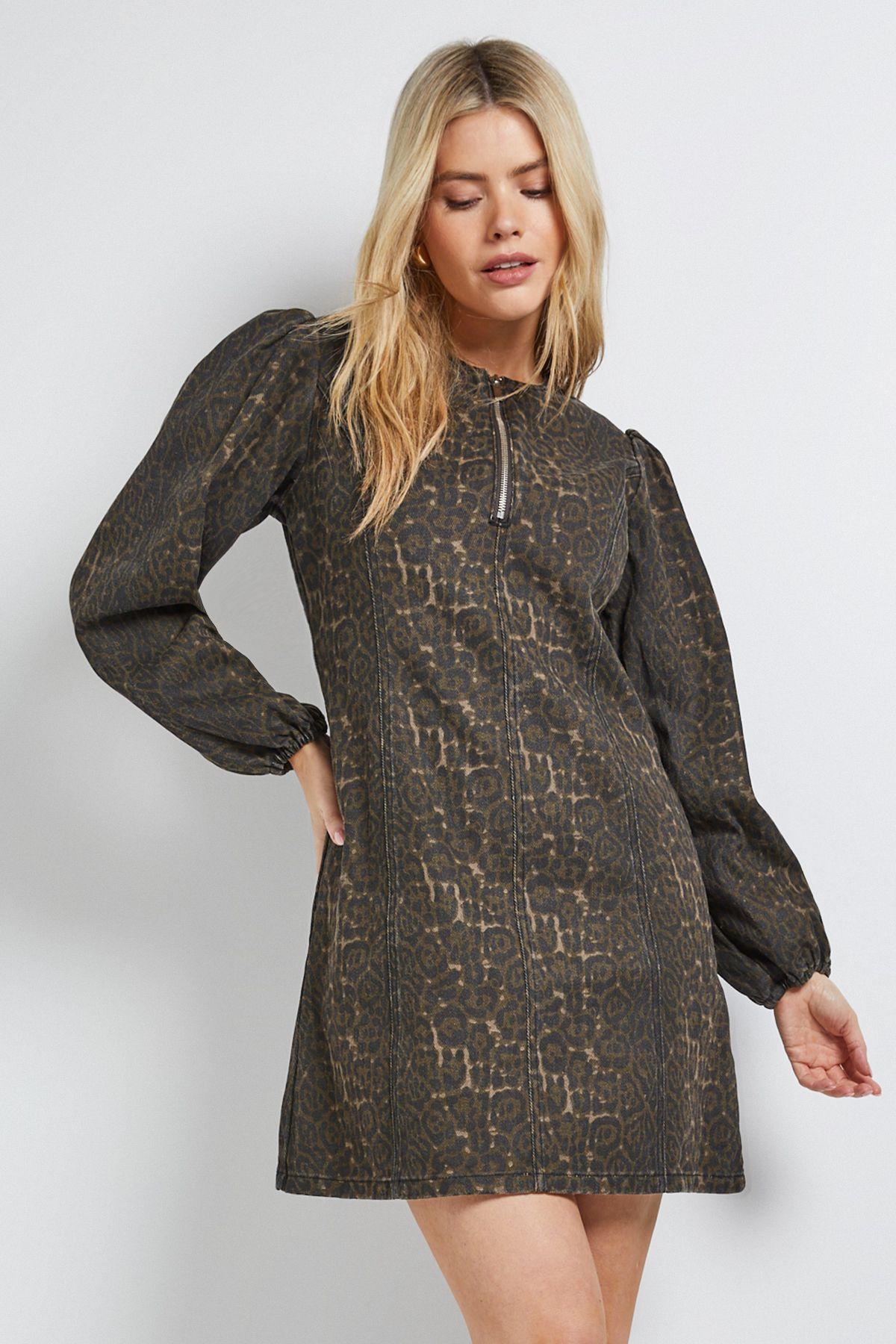 Leopard Zip Front Denim Mini Dress by DOROTHY PERKINS