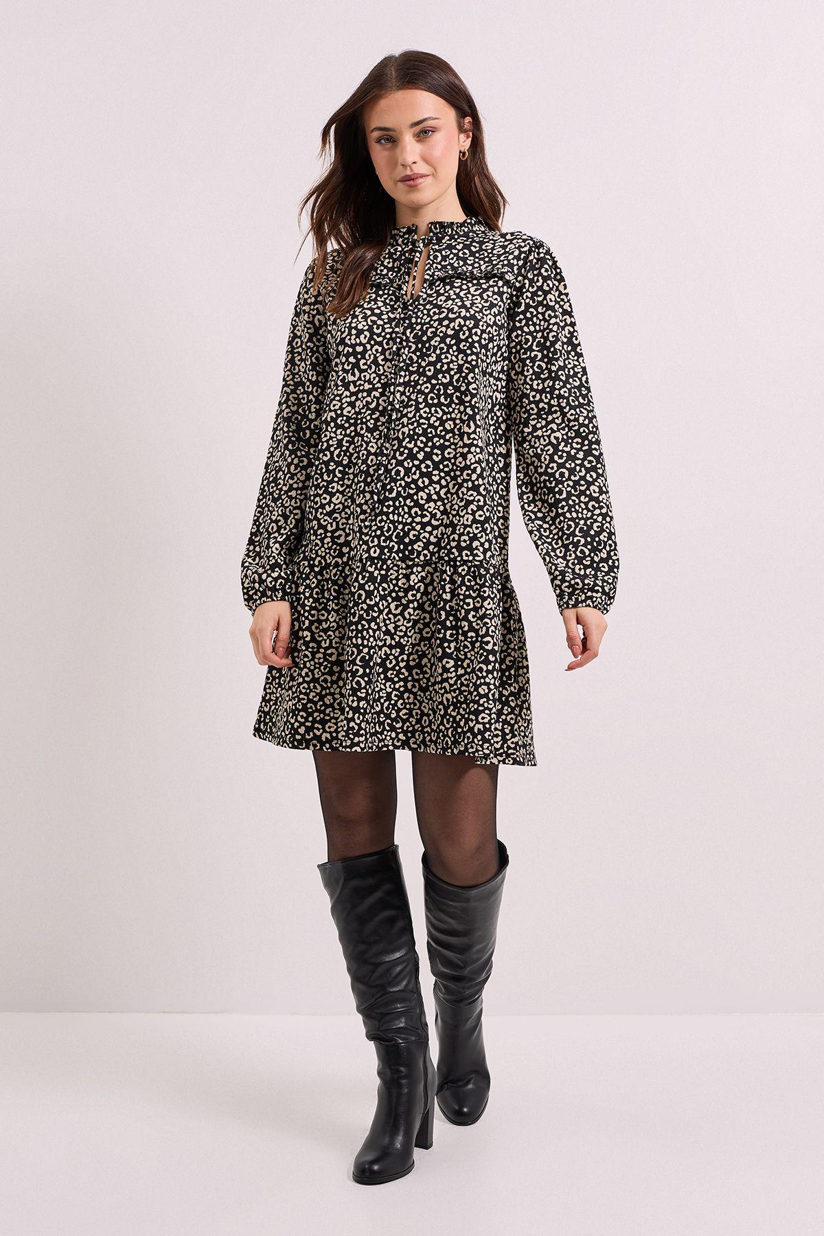 Mono Floral Tie Neck Tiered Smock Jersey Mini Dress by DOROTHY PERKINS