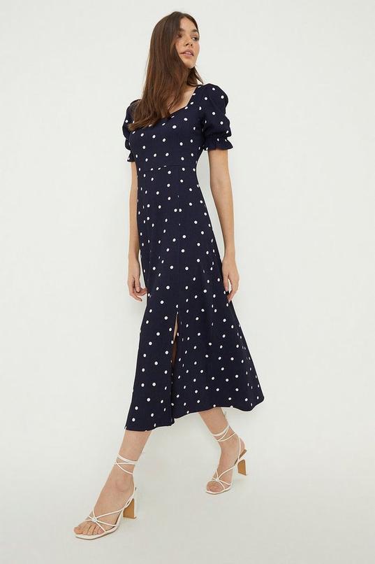 Navy Spot Sweetheart Neckline Midi Dress by DOROTHY PERKINS