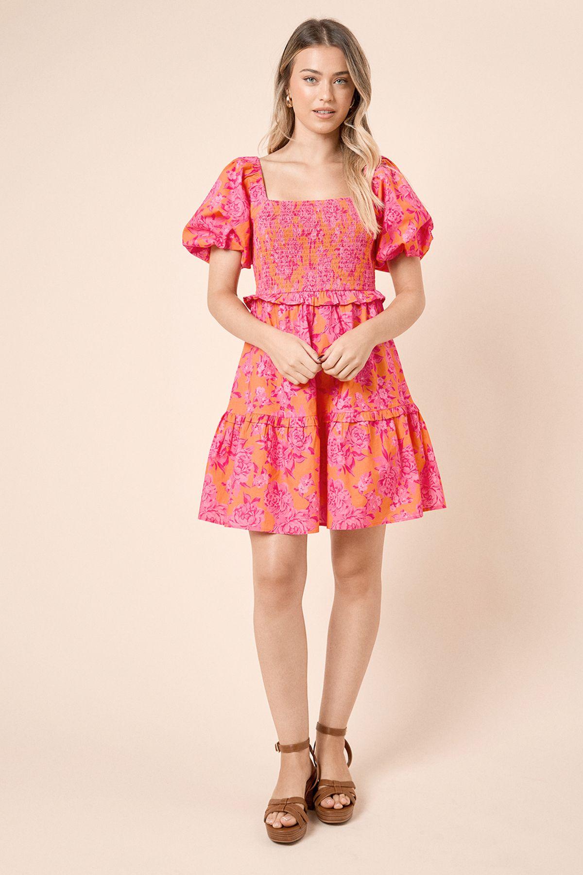Orange Floral  Shirred Bodice Mini Dress by DOROTHY PERKINS