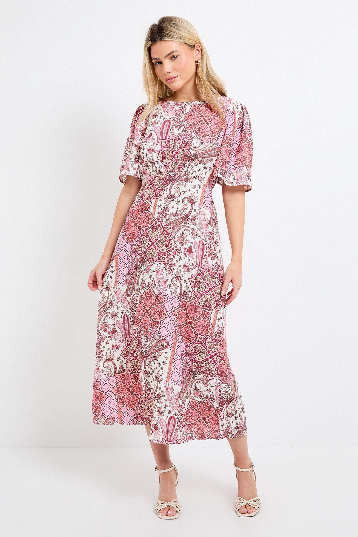 Paisley Flutter Sleeve Shirred Waist Midi Dress by DOROTHY PERKINS