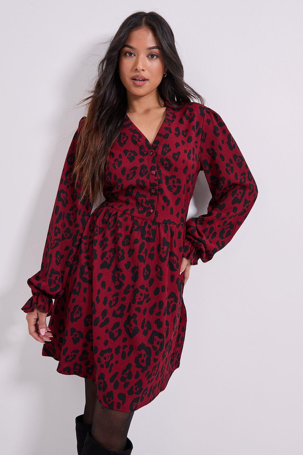Petite Animal  Button Detail Blouson Sleeve Jersey Mini Dress by DOROTHY PERKINS