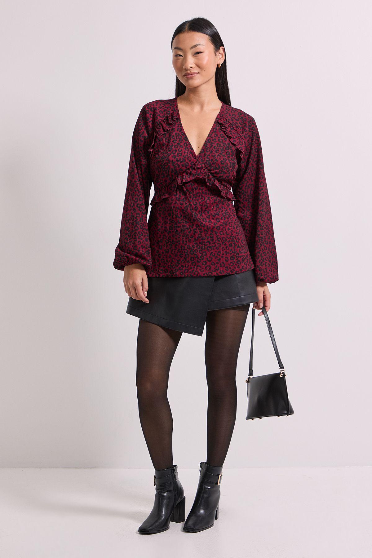 Petite Berry Animal Empire Seam Frill Detail Printed Jersey Top by DOROTHY PERKINS