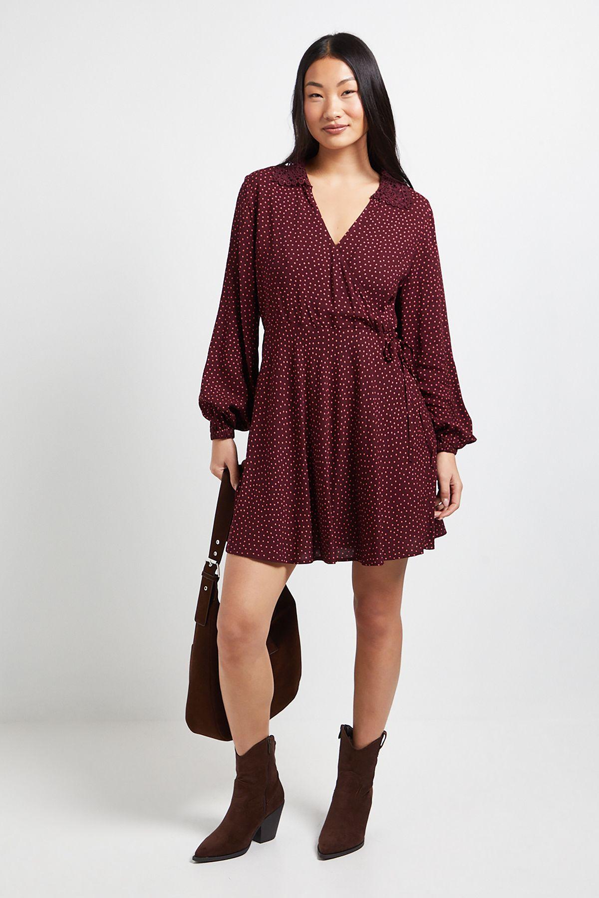 Petite Berry Spot Lace Collar Detail Wrap Printed Mini Dress by DOROTHY PERKINS