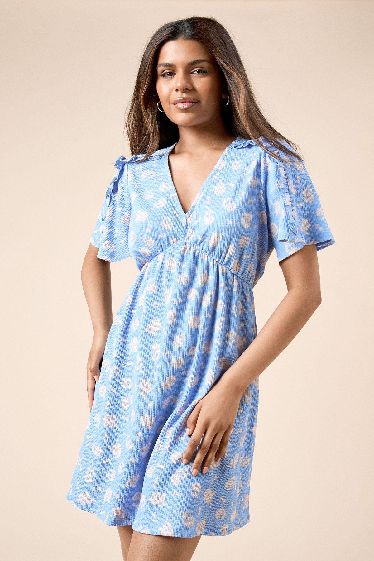 Petite Blue Ditsy Frill Detail Angel Sleeve Mini Dress by DOROTHY PERKINS