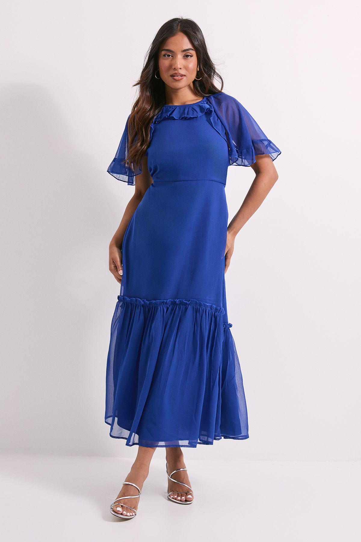 Petite Blue Frill Cape Sleeve Tiered Printed Chiffon Midi Dress by DOROTHY PERKINS Petite Blue Frill Cape Sleeve Tiered Printed Chiffon Midi Dress by DOROTHY PERKINS