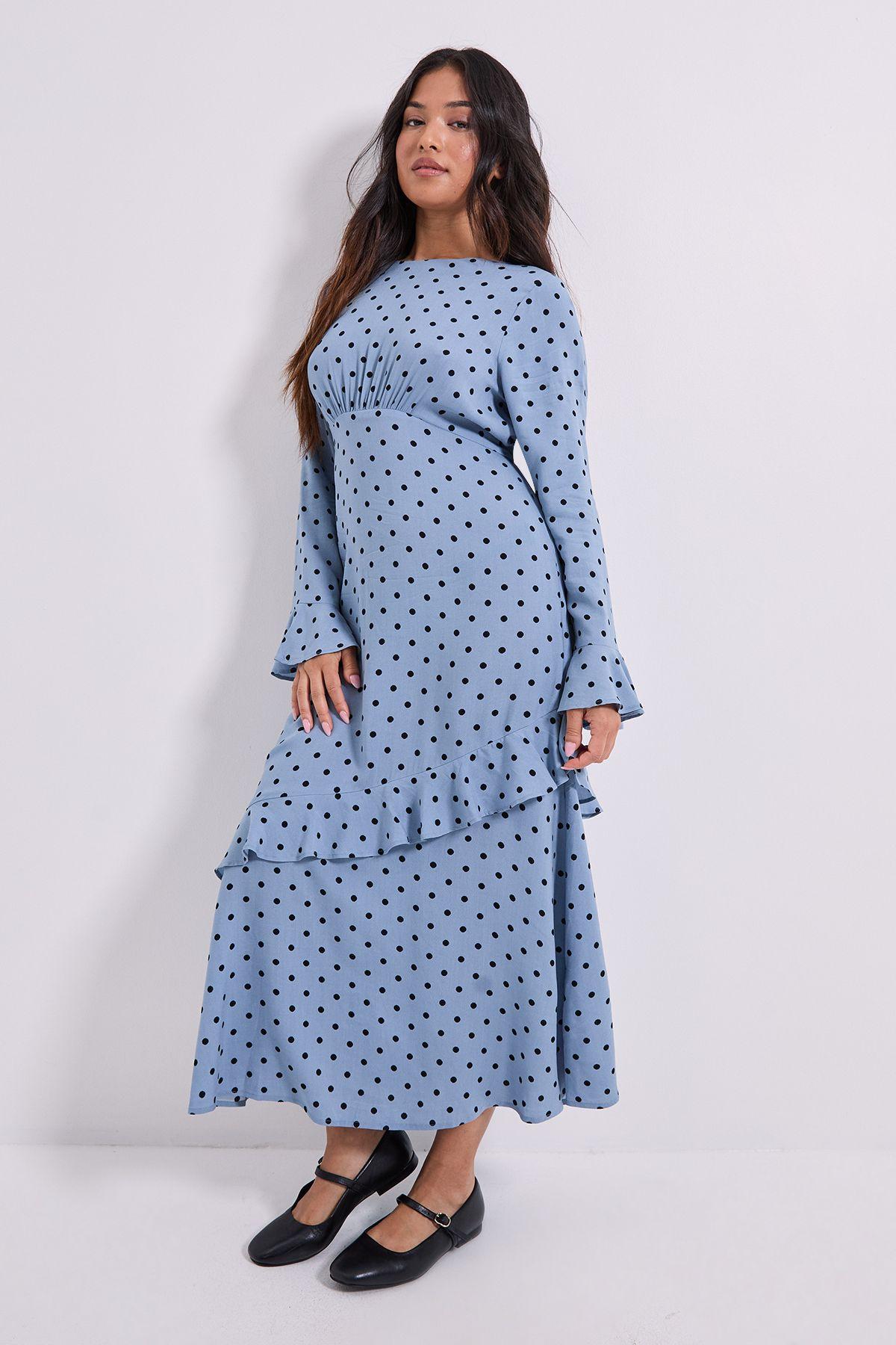 Petite Blue Spot Frill Sleeve Ruffle Detail Printed Midi Dress by DOROTHY PERKINS Petite Blue Spot Frill Sleeve Ruffle Detail Printed Midi Dress by DOROTHY PERKINS