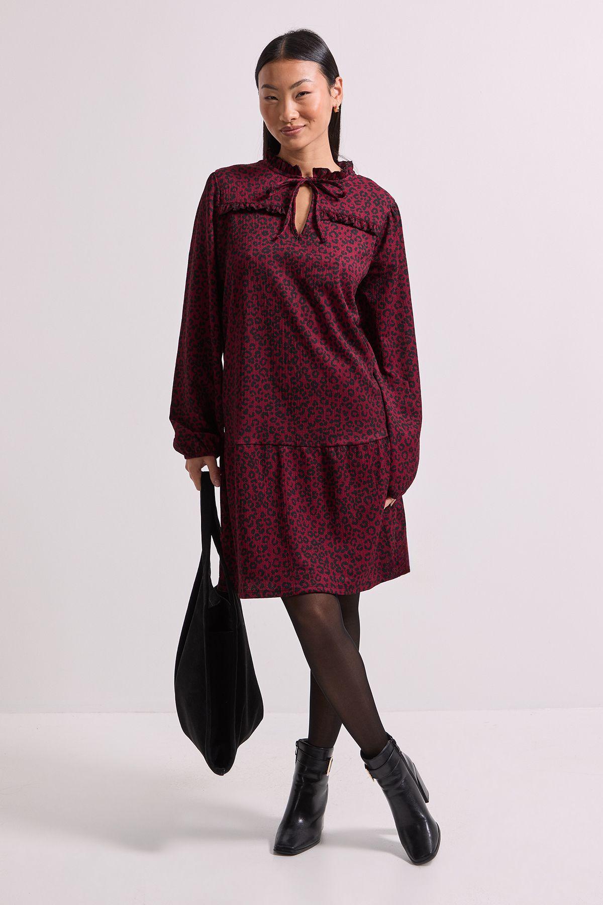 Petite Brown Animal Tie Neck Tiered Smock Jersey Mini Dress by DOROTHY PERKINS Petite Brown Animal Tie Neck Tiered Smock Jersey Mini Dress by DOROTHY PERKINS