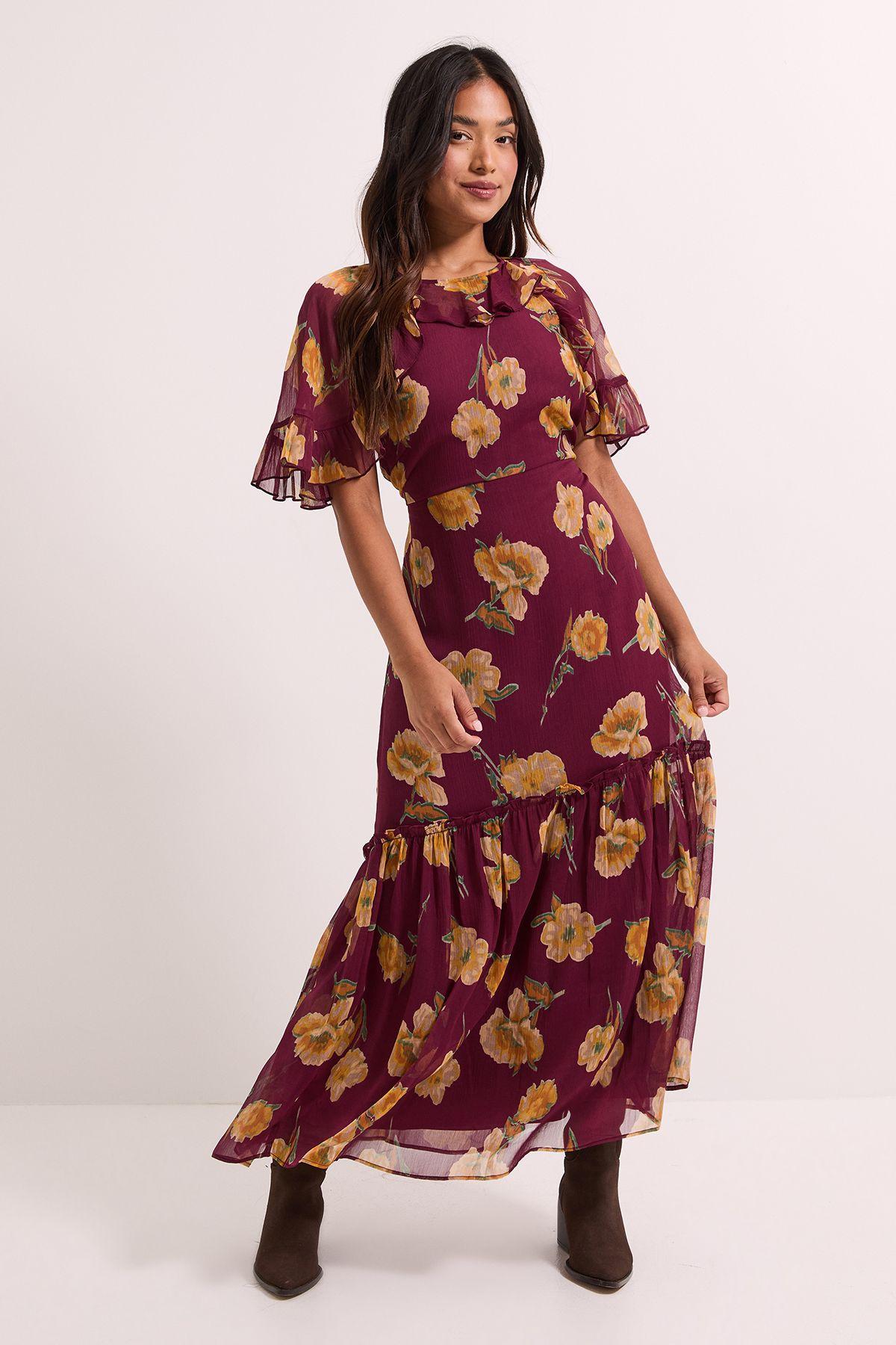 Petite Brown Frill Cape Sleeve Tiered Printed Chiffon Midi Dress by DOROTHY PERKINS