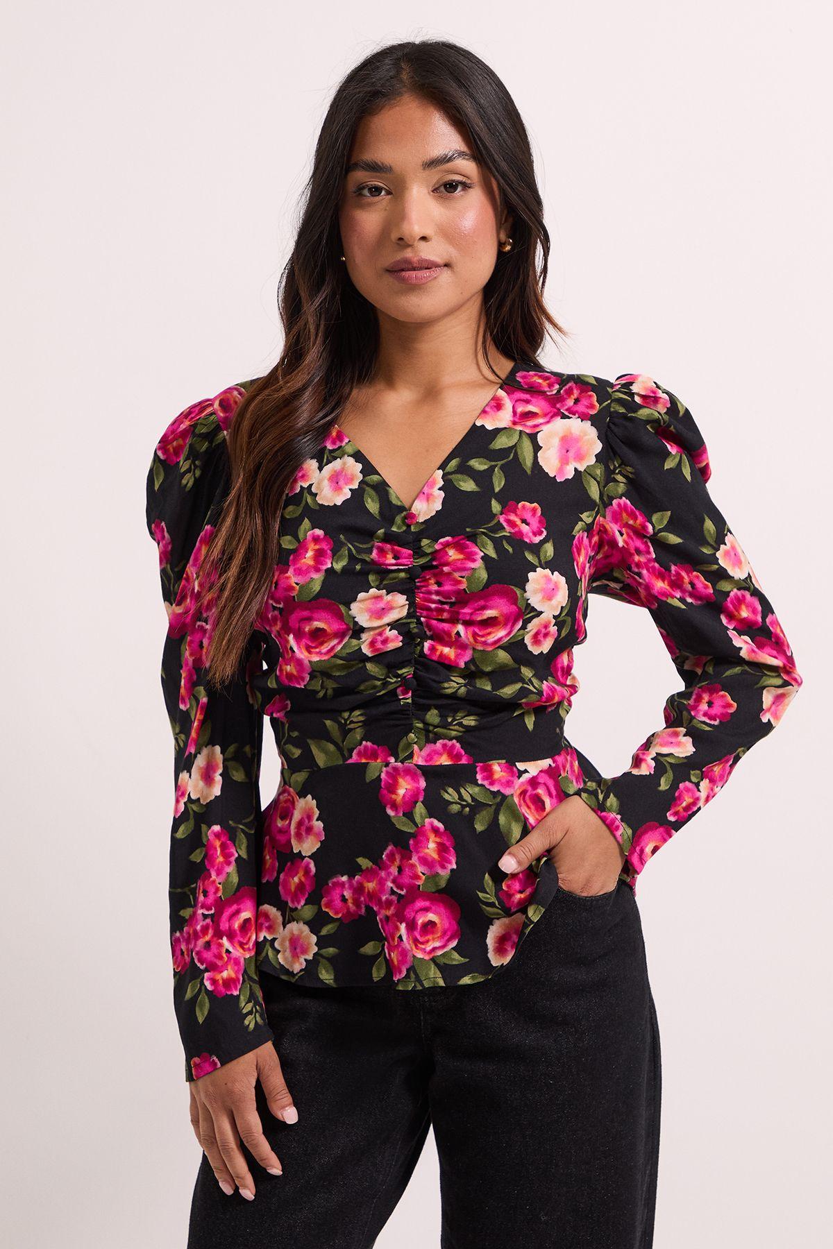 Petite Button Detail Printed Peplum Blouse Floral by DOROTHY PERKINS