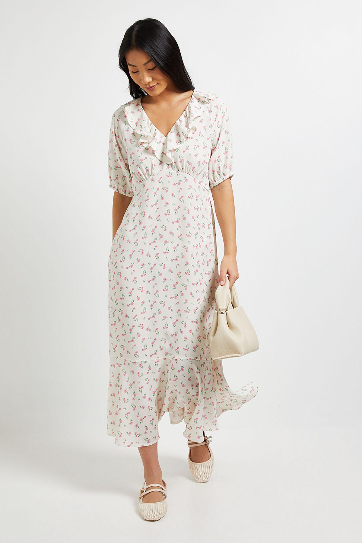 Petite Cream Ditsy Frill Neck Puff Sleeve Maxi Dress by DOROTHY PERKINS