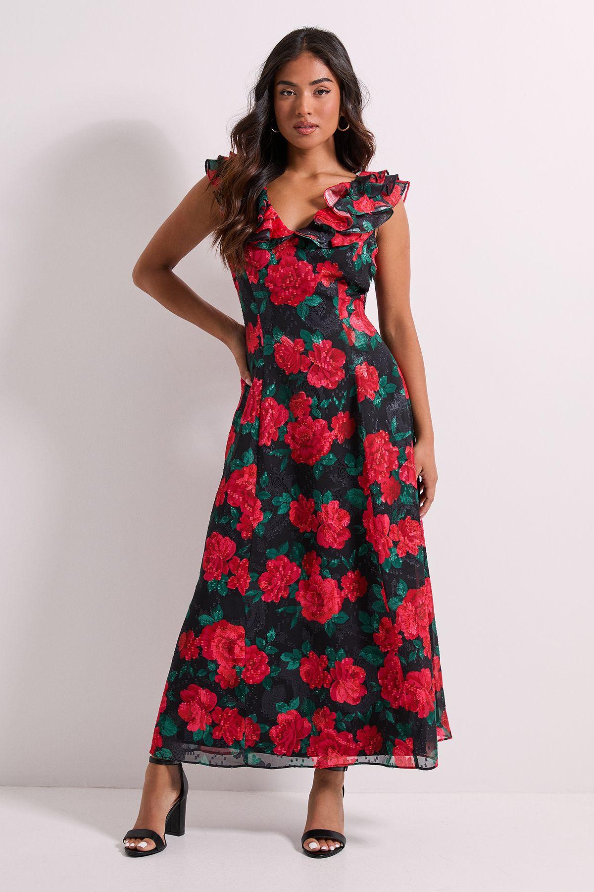 Petite DP Luxe Black Floral Printed Jacquard Chiffon Ruffle Front Sleeveless Midi Dress by DOROTHY PERKINS